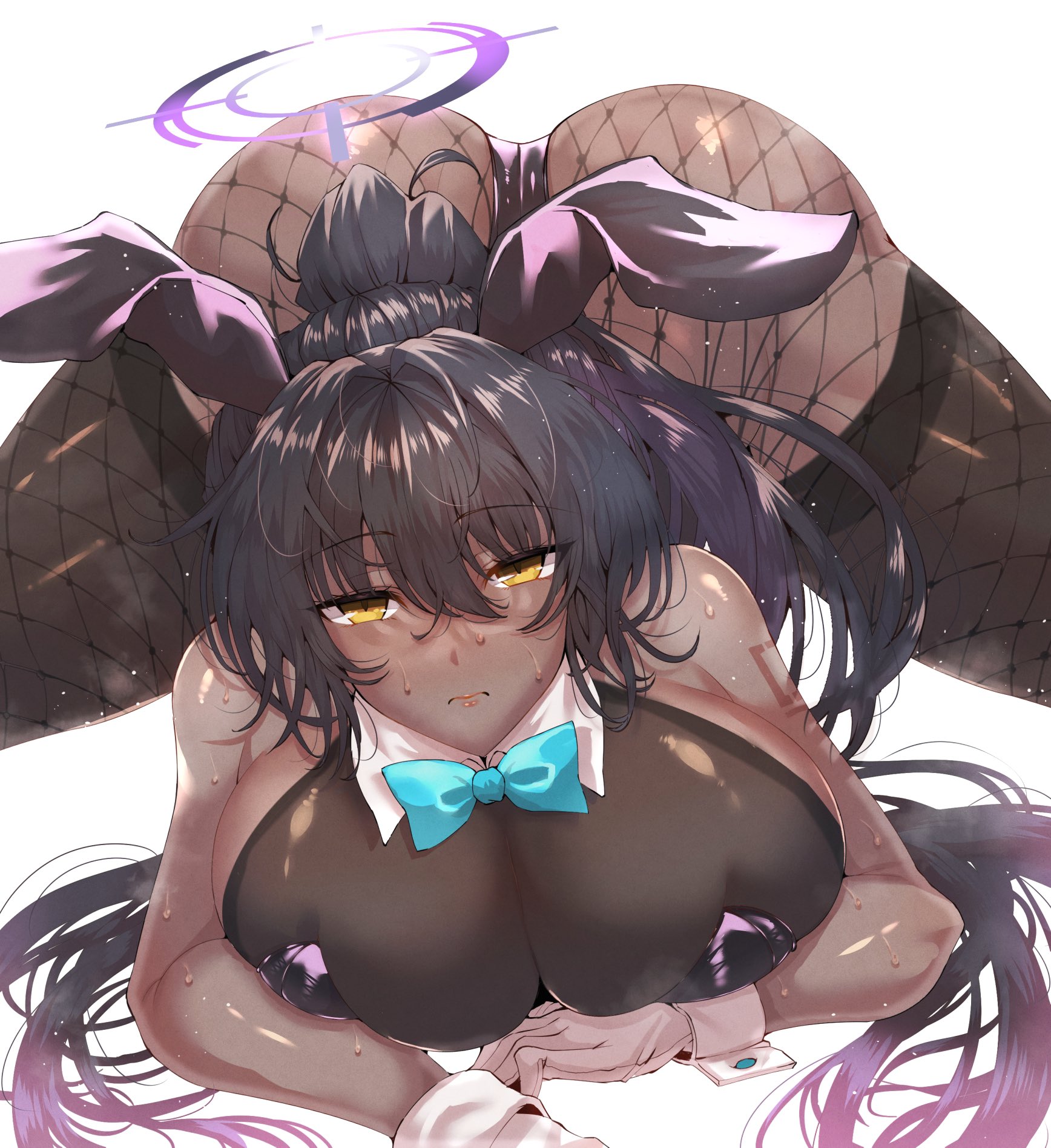 1girls, alternate version available, ass, black hair, black leotard, blue archive, blush, bowtie, breasts, brown skin, bunny ears, bunny girl, bunnysuit, cleavage, dark skin, dark-skinned female, detached collar, embarrassed, female, female focus, female only, fishnets, flexible, halo, hi res, highleg leotard, huge ass, huge breasts, karin (blue archive), karin (bunny) (blue archive), leotard, long hair, long ponytail, looking at viewer, ponytail, purple hair, shiny skin, simple background, sweat, sweaty body, thick thighs, thighs, two-tone hair, wakura (gcdan), white background, yellow eyes