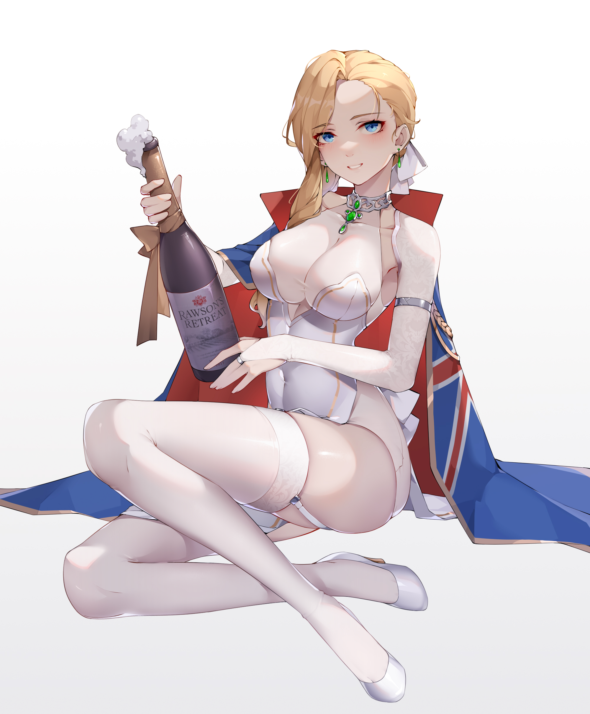 1girls, arm band, ass, azur lane, blonde hair, blue eyes, breasts, bridal gauntlets, cape, champagne, champagne bottle, choker, corset, earrings, elegant, eyebrows visible through hair, female, garter straps, hair ribbon, heels, hood (azur lane), jewelry, light skin, light-skinned female, pale skin, pale-skinned female, posing, ring, side ponytail, skin tight, smile, solo, solo female, stockings, union jack, white gloves, white heels, white legwear, wsfw