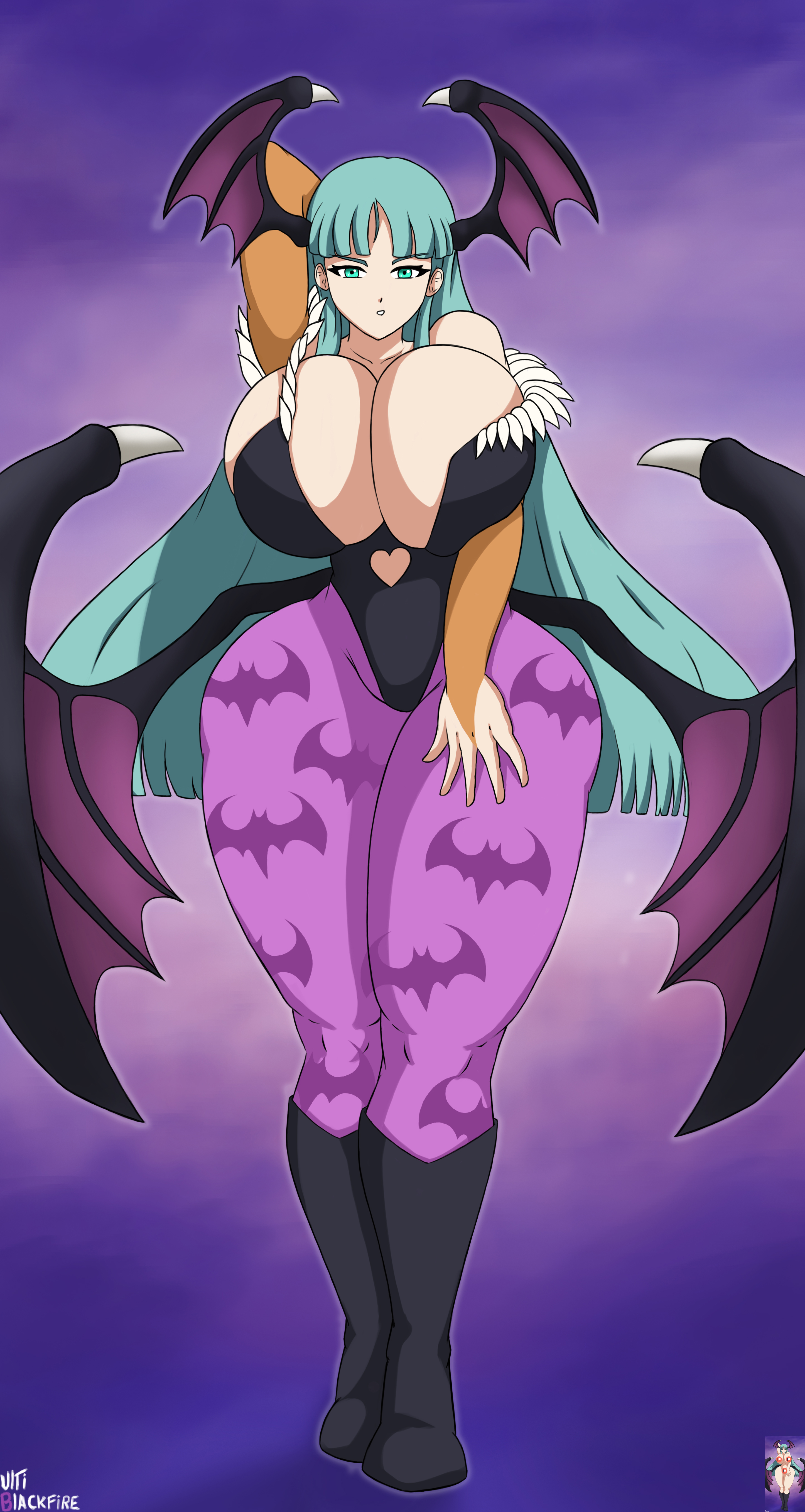 1girls, 2021, 4k, abstract background, absurd res, artist name, big breasts, breasts, busty, capcom, cleavage, clothing, curvaceous, curvy, curvy body, curvy female, curvy figure, darkstalkers, demon, digital media (artwork), eyelashes, female, female focus, female only, fingers, hand behind head, hi res, hourglass figure, huge breasts, large breasts, leotard, light skin, light-skinned female, long hair, looking at viewer, morrigan aensland, purple background, seductive, signature, simple background, solo, standing, succubus, teal eyes, teal hair, thick thighs, ultiblackfire, voluptuous, wide hips, wings