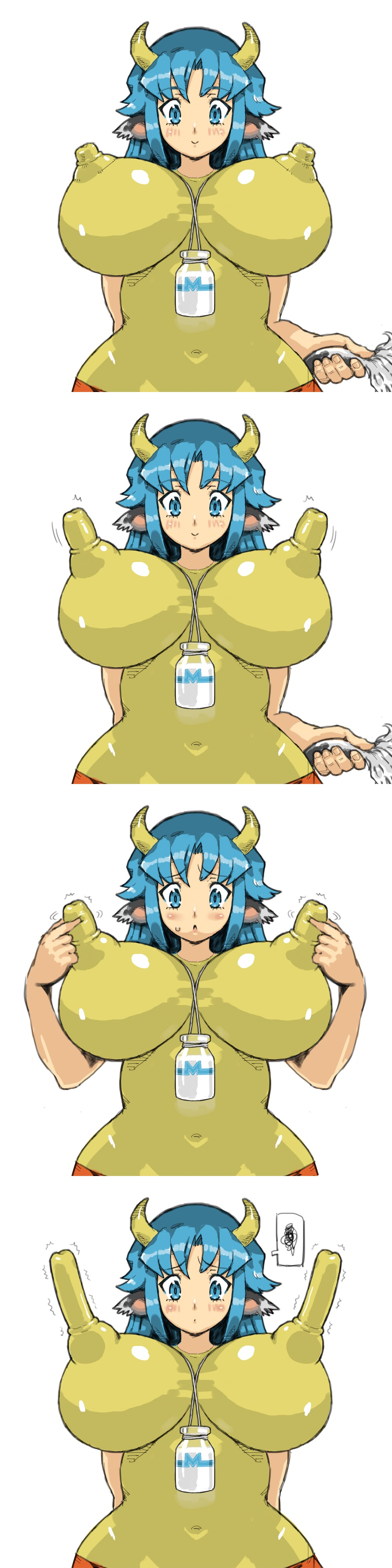 big_breasts big_nipples blue_eyes blue_hair breasts cow_horns ears_down edit erect_nipples female female_only high_resolution highres horns long_hair long_nipples long_tail looking_at_viewer milk necklace necklace_between_breasts nipple_expansion nipple_stimulation nipple_tweak nipples original original_character petitdry puffy_nipples source_request tail tail_grab tight_clothing tight_shirt