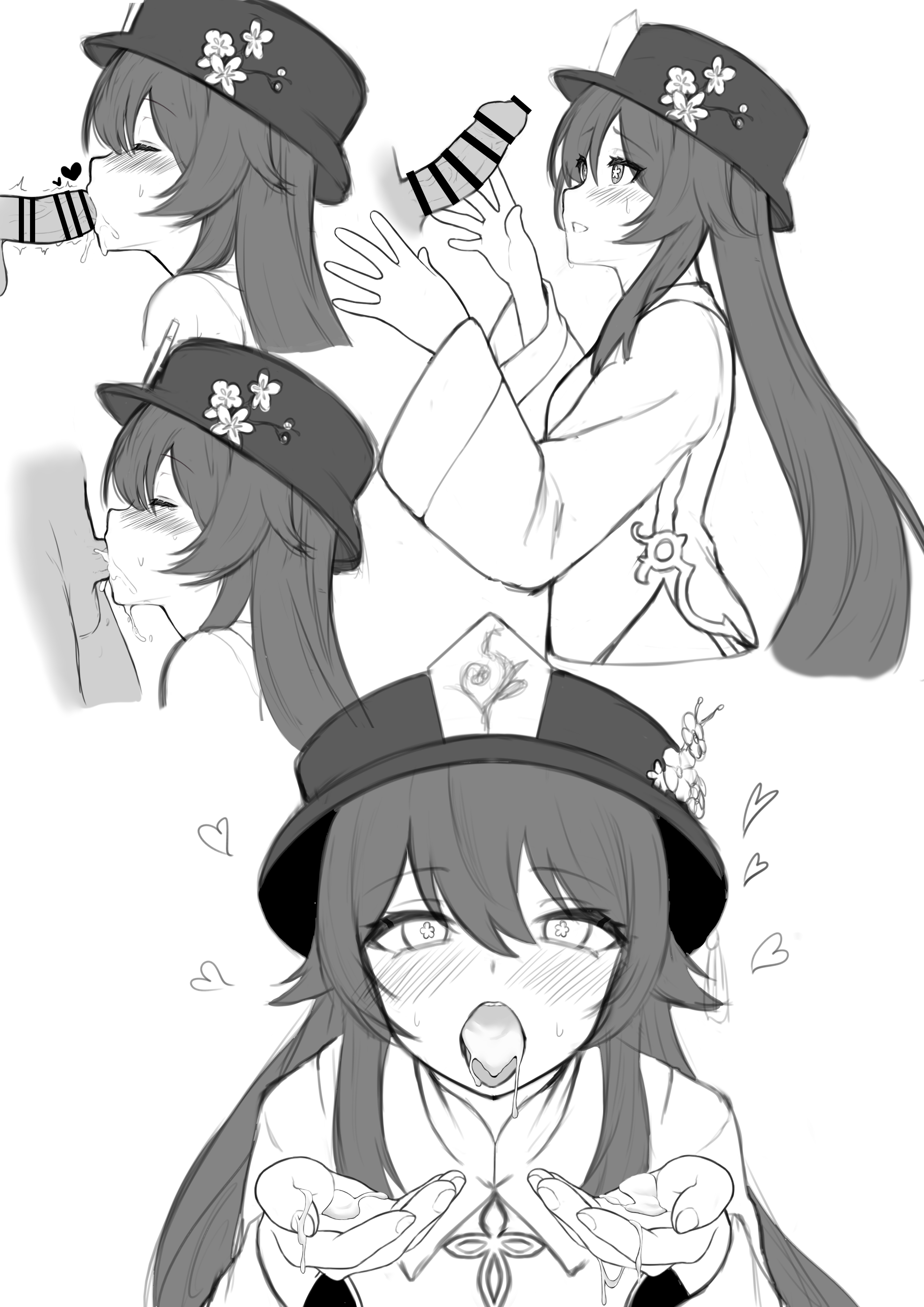 1boy, absurdres, bangs, bar censor, blush, censored, cum, cum in mouth, cum in throat, cupping hands, deepthroat, fellatio, female, flower, flower-shaped pupils, genshin impact, greyscale, hair between eyes, hako reeema, hat, hat flower, heart, highres, hu tao (genshin impact), long hair, long sleeves, male, mihoyo, monochrome, multiple views, open mouth, oral, parted lips, penis, porkpie hat, simple background, sweat, symbol-shaped pupils, wide sleeves