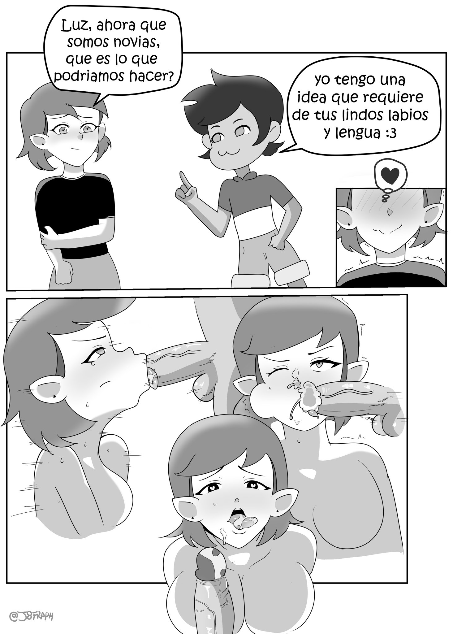 1futa, 1girls, amity blight, ass, big penis, blowjob, clothed, clothing, comic, cum in mouth, dialogue, erection, fellatio, female, fully clothed, futa on female, futanari, heart-shaped pupils, huge ass, intersex, j8fraph, luz noceda, monochrome, oral, penis, spanish text, straight hair, text, the owl house