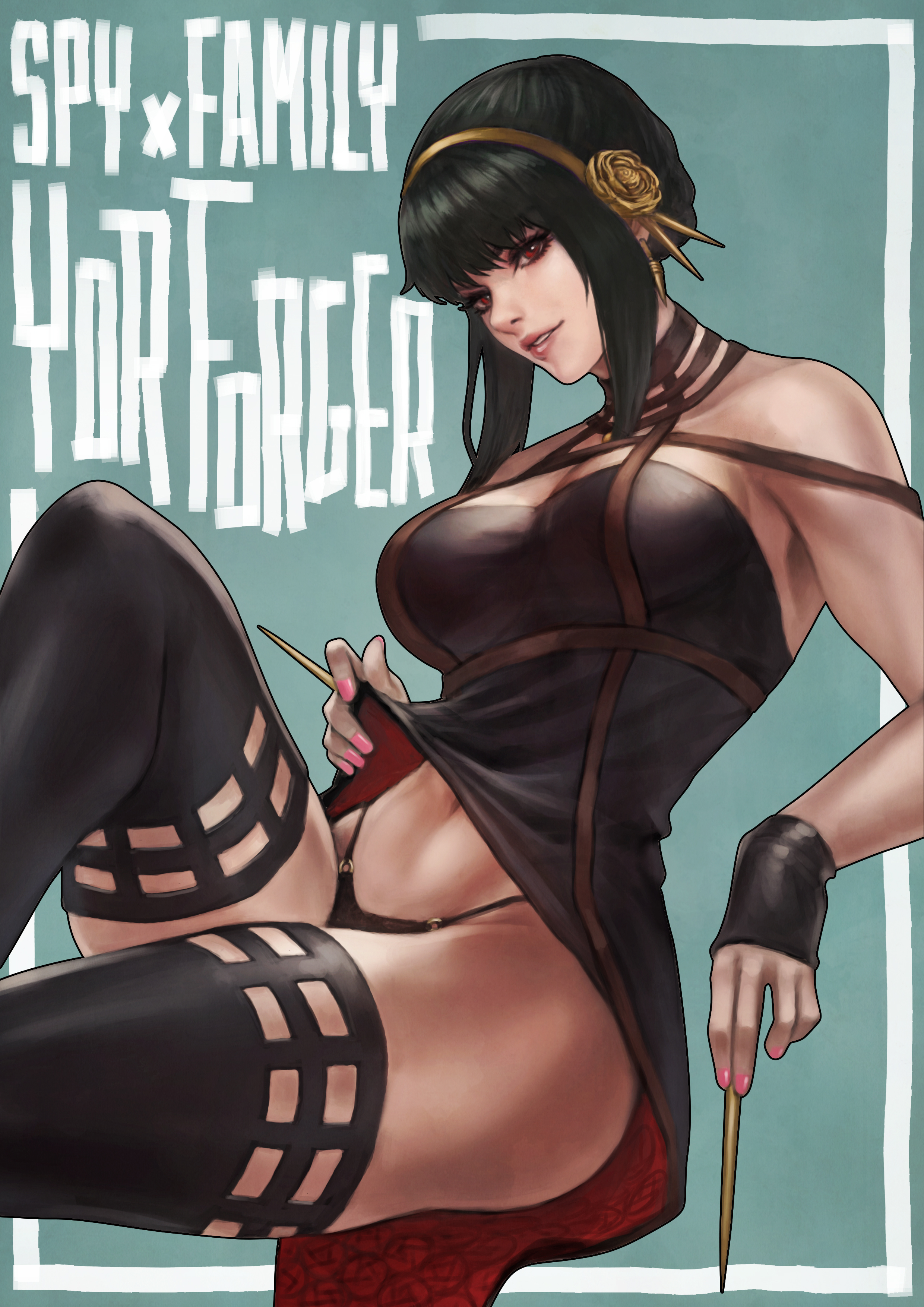 1girls, absurd res, assassin, black hair, dress, english text, female, female human, female only, hi res, human, light skin, light-skinned female, looking at viewer, mature female, monorirogue, panties, red eyes, slim waist, solo, spy x family, stiletto (weapon), text, thigh boots, thighhighs, thighs, thorn princess, variant, variant set, wide hips, yor briar, yor forger