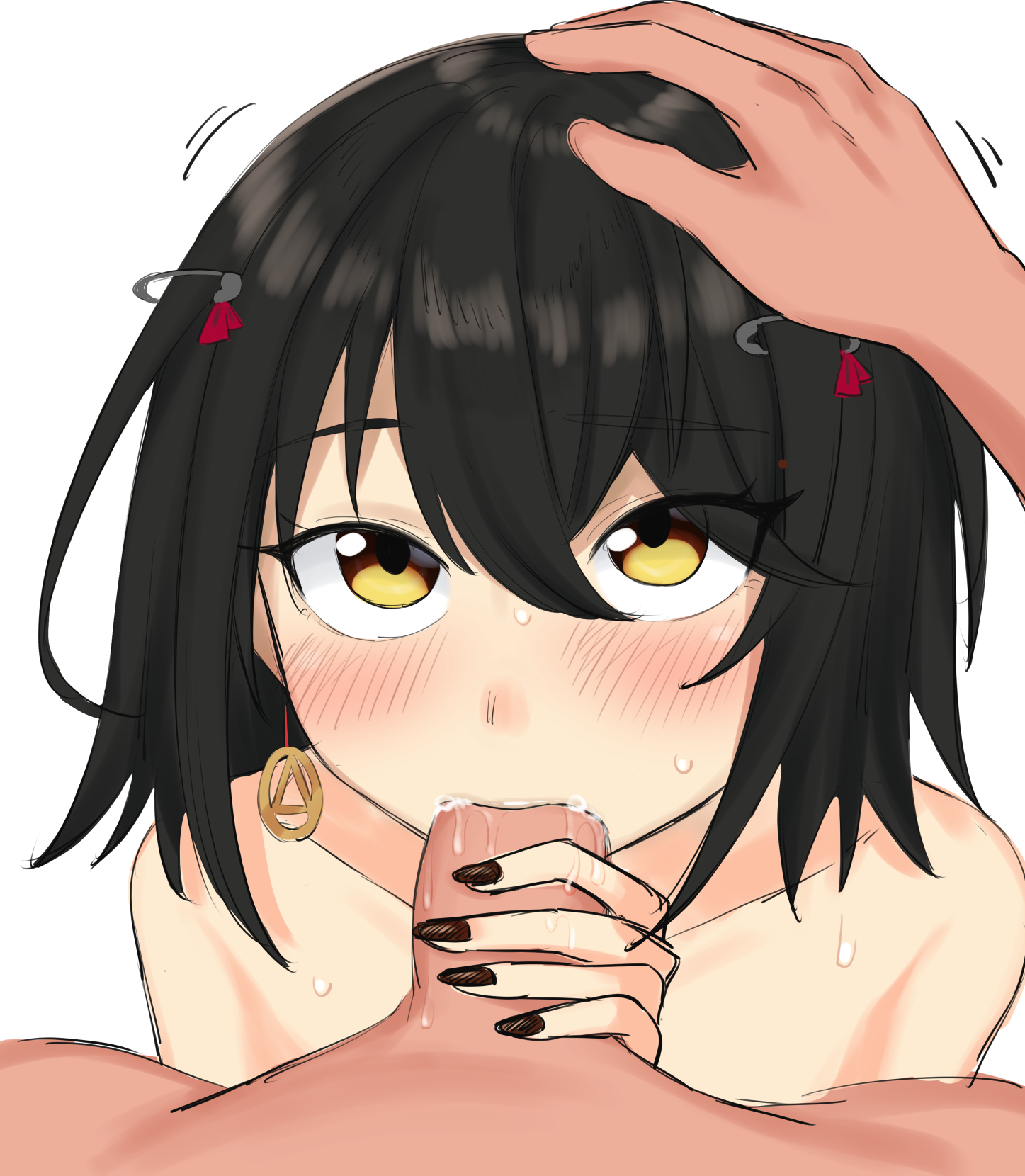 2boys, black hair, blowjob, blush, cum, cum in mouth, cum inside, femboy, gay, girly, hair ornament, hand on head, head grab, male, male only, mashiro (nijisanji), mashiro meme, nijisanji, oral, saliva, sitatakanashi, sweat, takanashi (artist), virtual youtuber, yaoi, yellow eyes