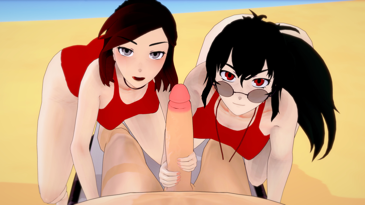 1girls, 2girls, 3d, black hair, double handjob, female, ffm threesome, handjob, indrick [artist], koikatsu, lifeguard, light skin, light-skinned female, light-skinned male, looking over eyewear, looking over glasses, looking over sunglasses, male, offscreen male, raven branwen, red eyes, red hair, rwby, silver eyes, summer rose, sunglasses, threesome, tinted eyewear