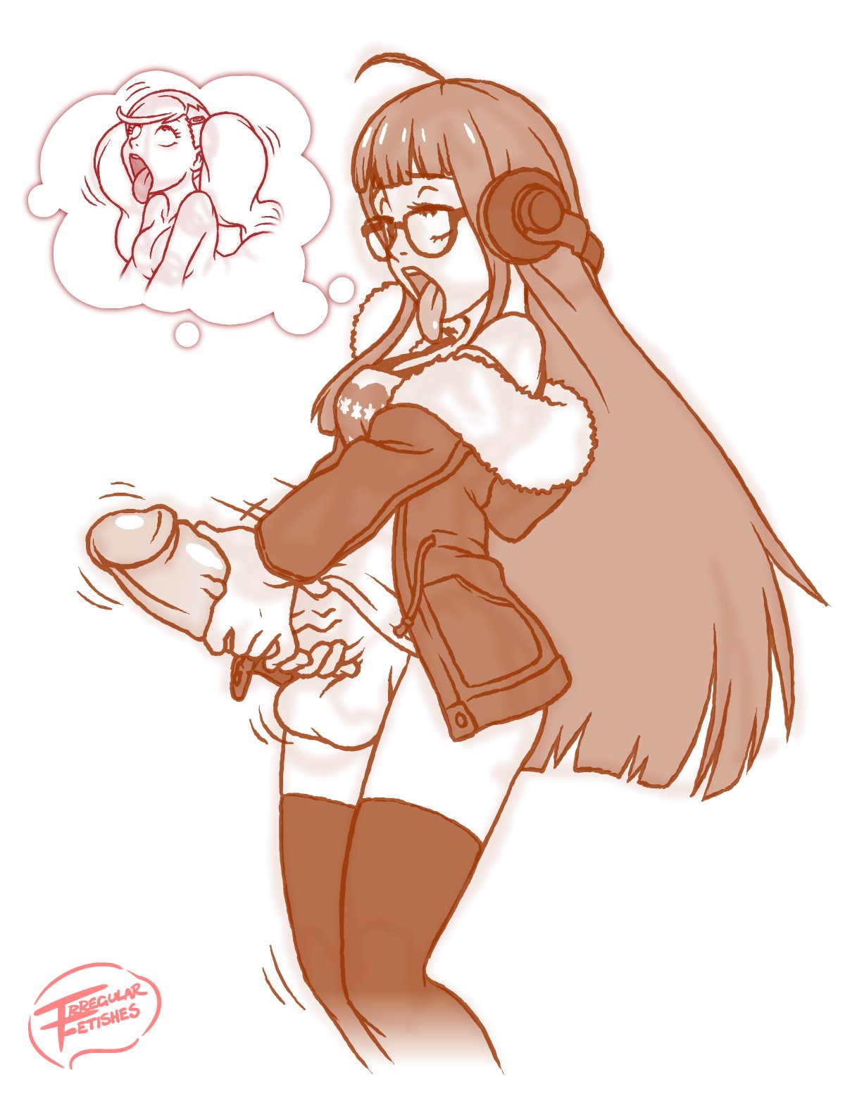 1futa, ahe gao, ann takamaki, balls, big penis, bottomless, clothed, clothing, erection, eyes rolling back, futa only, futanari, glasses, headphones, huge cock, human, intersex, irregular fetishes, jacket, large penis, masturbation, partially clothed, penis, persona, persona 5, pleasure face, rolling eyes, sakura futaba, solo, standing, testicles, thighhighs, thought bubble, tongue, tongue out, veiny penis