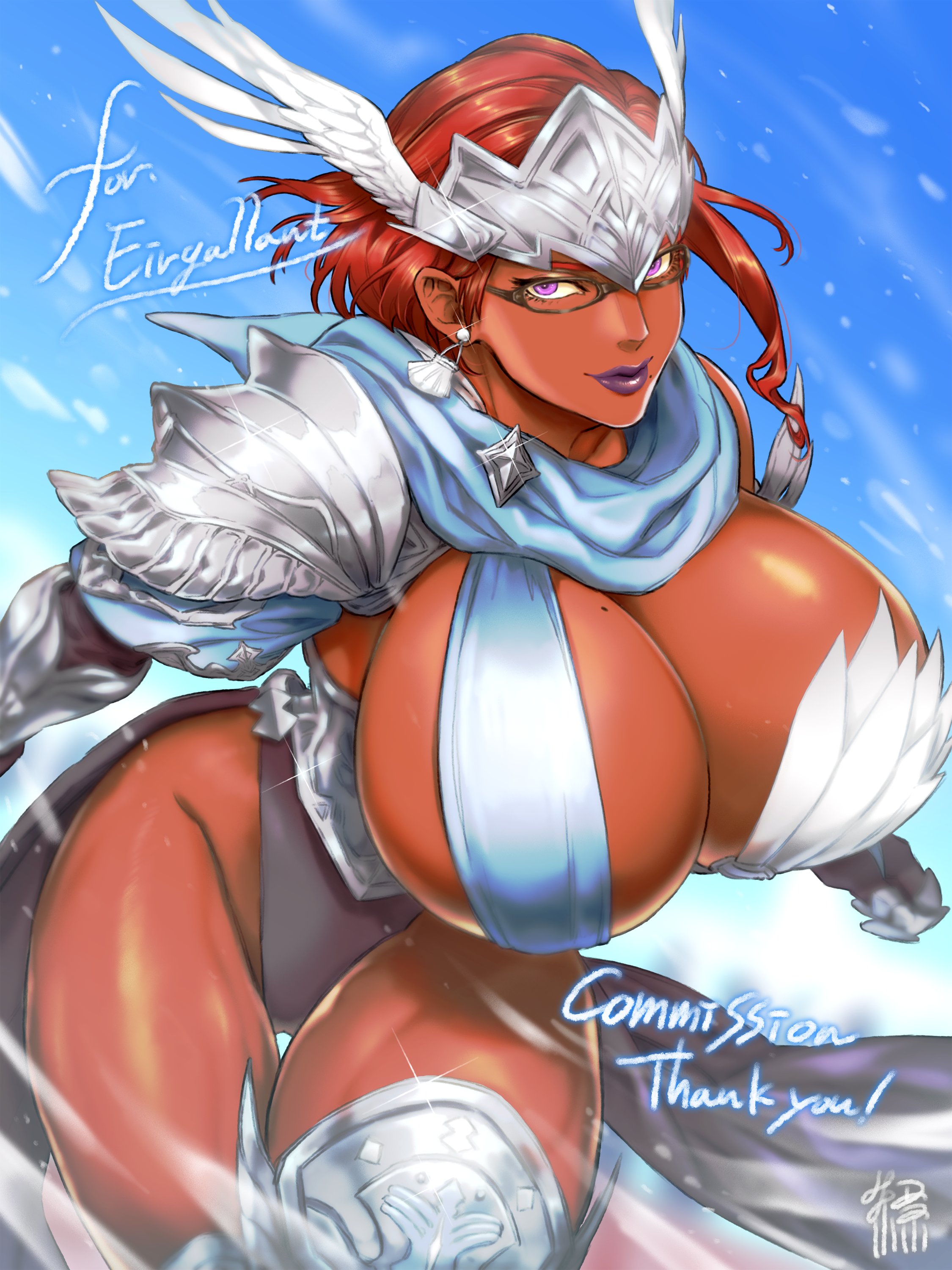 1girls, armor, asymmetrical clothes, beauty mark, breasts, brown skin, cleavage, commission, dark skin, dark-skinned female, earrings, exposed thighs, female, female focus, female only, final fantasy, final fantasy xiv, glasses, hnd coco, huge breasts, leotard, looking at viewer, milf, original character, purple eyes, purple lipstick, red hair, roegadyn, scarf, signature, solo, solo female, solo focus, soothing ruby, thick thighs, thighhighs, valkyrie