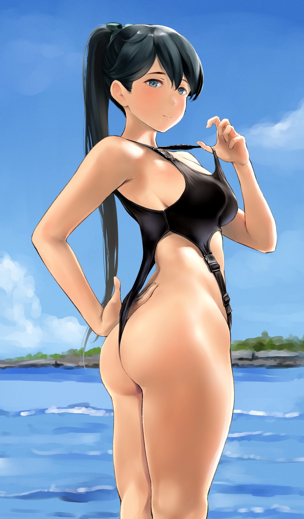 1girls, ass, bangs, bare shoulders, beach, black hair, black swimsuit, blue eyes, blue sky, breasts, female, highleg, highleg swimsuit, highres, houshou (kantai collection), kantai collection, looking at viewer, medium breasts, one-piece swimsuit, ponytail, sea, sky, smile, solo, swimsuit, swimsuit pull, thighs, very long hair, wa (genryusui)