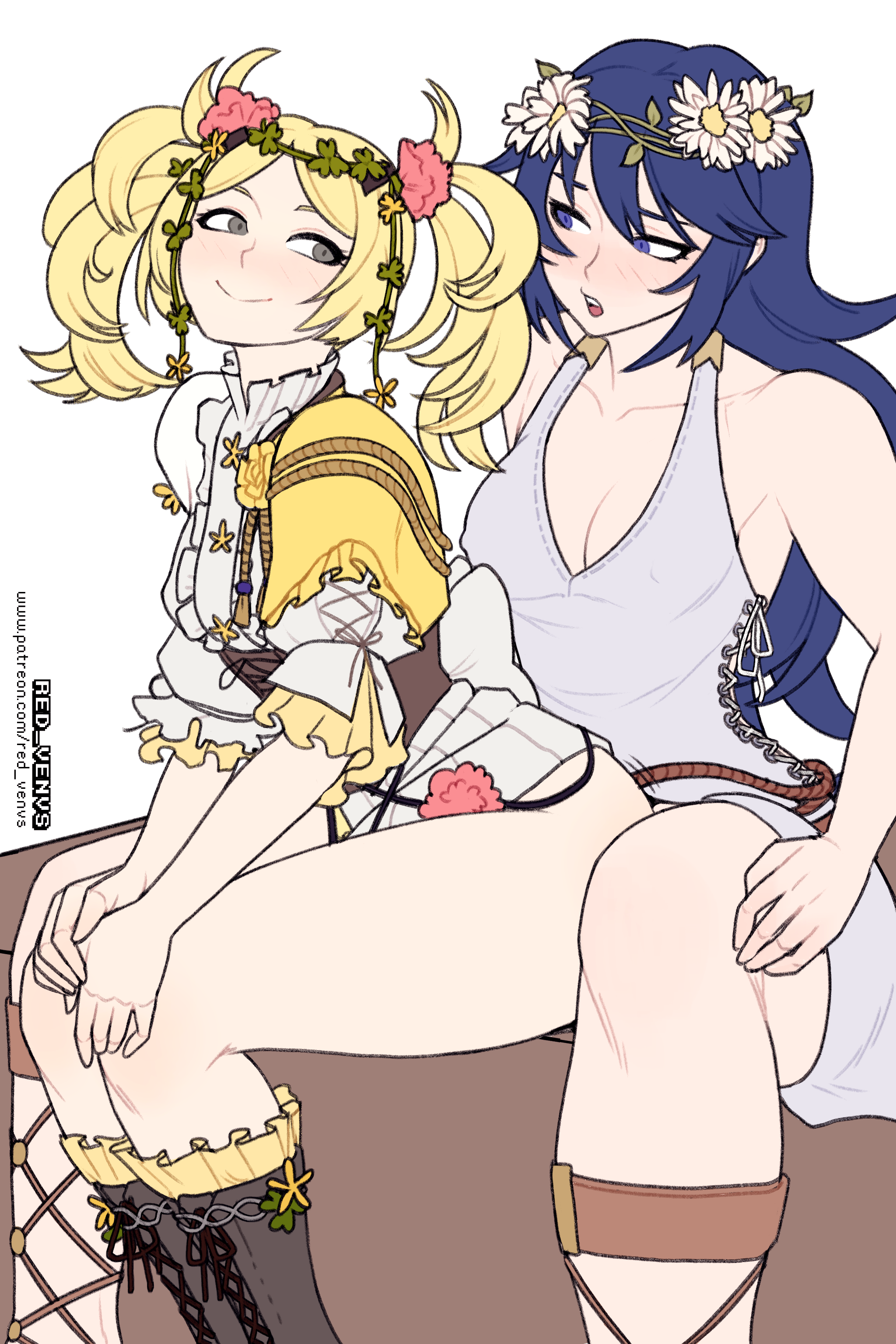 1futa, 1girls, age difference, alternate costume, alternate version available, ambiguous penetration, aunt, aunt and niece, big breasts, blonde hair, blue hair, bottomless, breasts, clothed, clothing, cowgirl position, duo, female, fire emblem, fire emblem awakening, fire emblem heroes, futa on female, futanari, human, implied futa, implied penetration, implied sex, incest, intersex, light skin, light-skinned female, light-skinned futa, lissa (fire emblem), long hair, lucina (fire emblem), niece, nintendo, official alternate costume, partially clothed, penis, redvenus, reverse cowgirl position, short hair, sitting, sitting on penis, sitting on person, source request, stealth sex, twintails