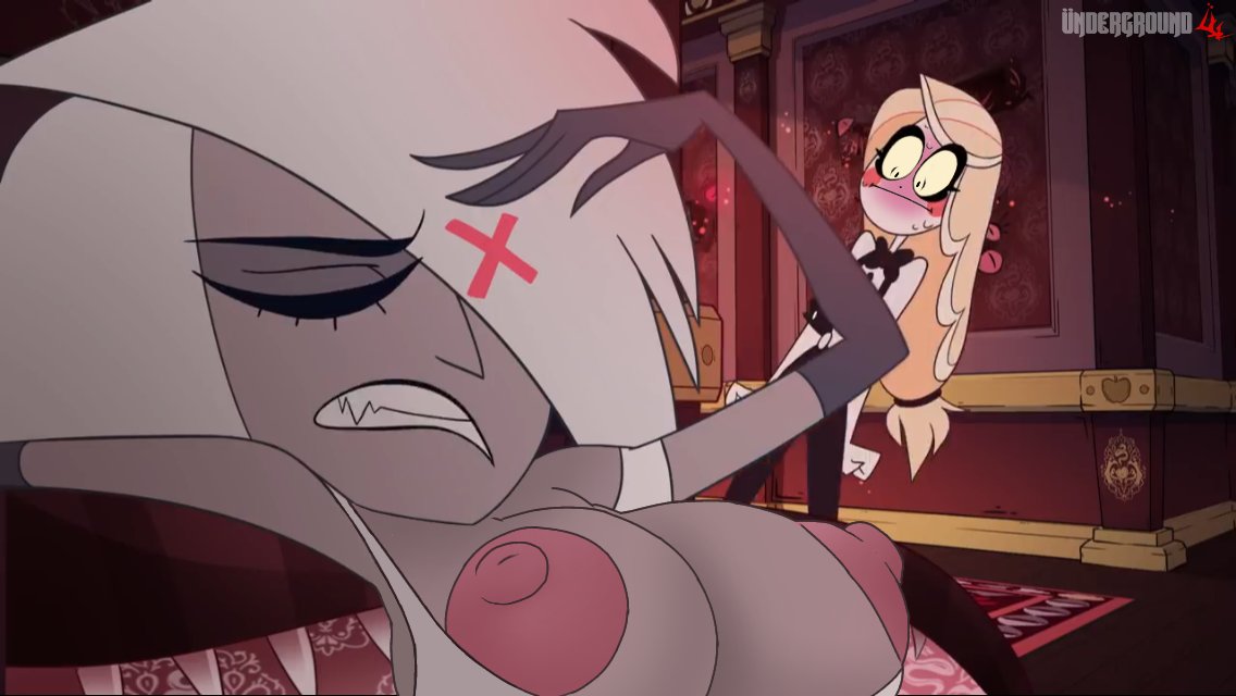 2girls big_breasts blonde_hair blush breasts busty canon_couple charlie_morningstar charlie_morningstar_(hazbin_hotel) charlie_morningstar_(pilot) demon demon_girl edit female grey_skin hazbin_hotel hellaverse huge_breasts multiple_girls nipples screencap screenshot screenshot_edit smooth_skin underground_(artist) vaggie vaggie_(hazbin_hotel) vaggie_(pilot) vivienne_medrano vivziepop yuri