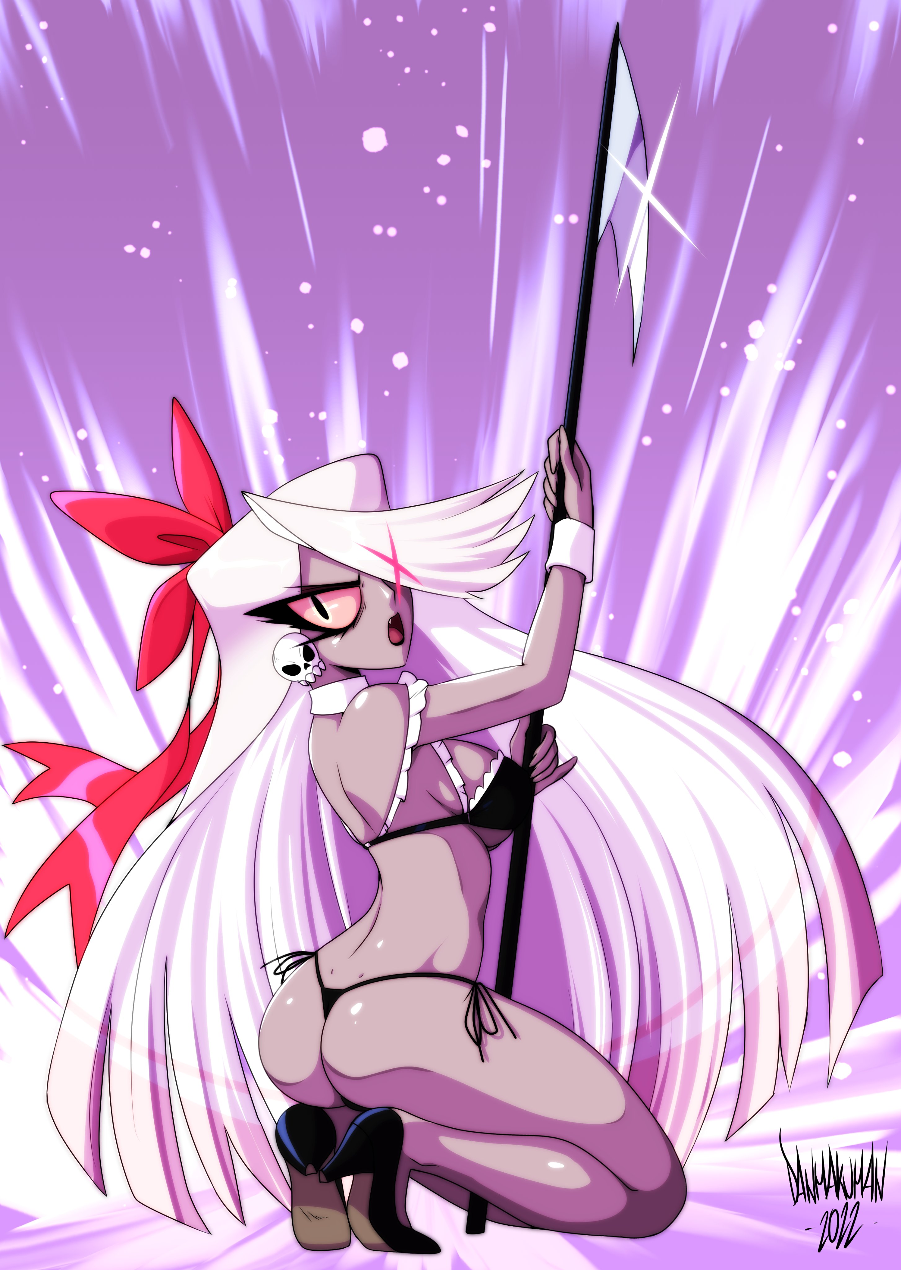 1girls, ass, bow, curvy, cute, danmakuman, demon, demon girl, female, grey skin, hazbin hotel, lingerie, long hair, panties, solo, solo female, vaggie (hazbin hotel)