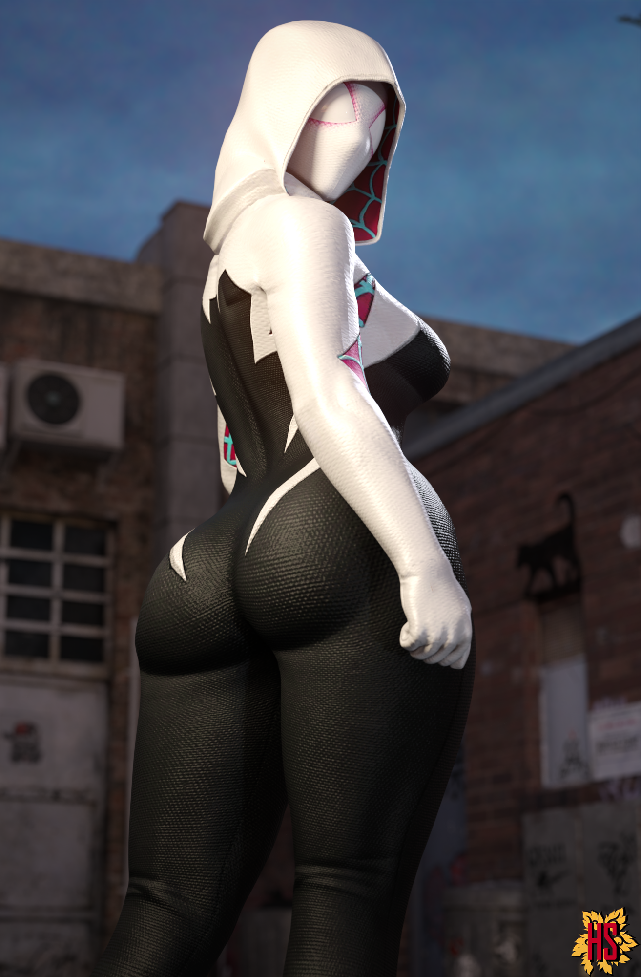 1girls, 3d, aged up, ben 10, clothed, clothed female, clothes, clothing, cosplay, female, female only, fully clothed, gwen tennyson, hagiwara studio, highres, jumpsuit, marvel, marvel comics, pinup, red hair, solo, solo female, spider-gwen (cosplay), superheroine, tagme