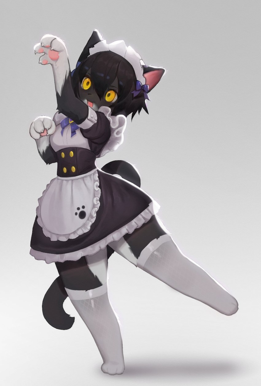 1girls anthro black_fur black_hair cat_ears cat_tail domestic_cat feline female female_only fur furry furry_only maid maid_headdress maid_uniform medium_hair pawpads paws pose soda_uyu solo stockings tail thighhighs white_stockings yellow_eyes