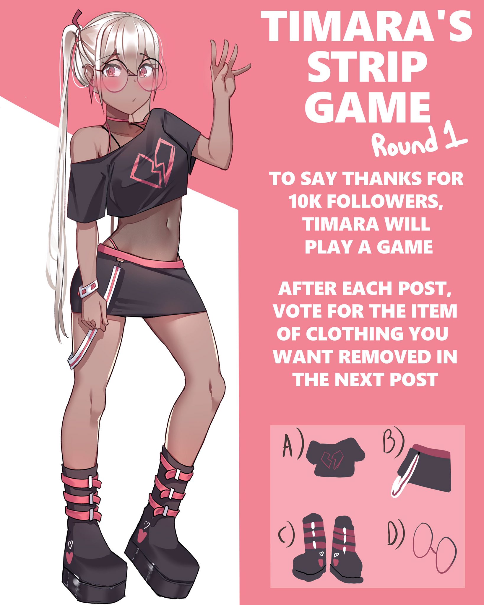1girls, boots, breasts, dark skin, dark-skinned female, embarrassed, female, glasses, long hair, original, original character, sole female, strip game, tagme, ti keep, timara (ti keep), white hair