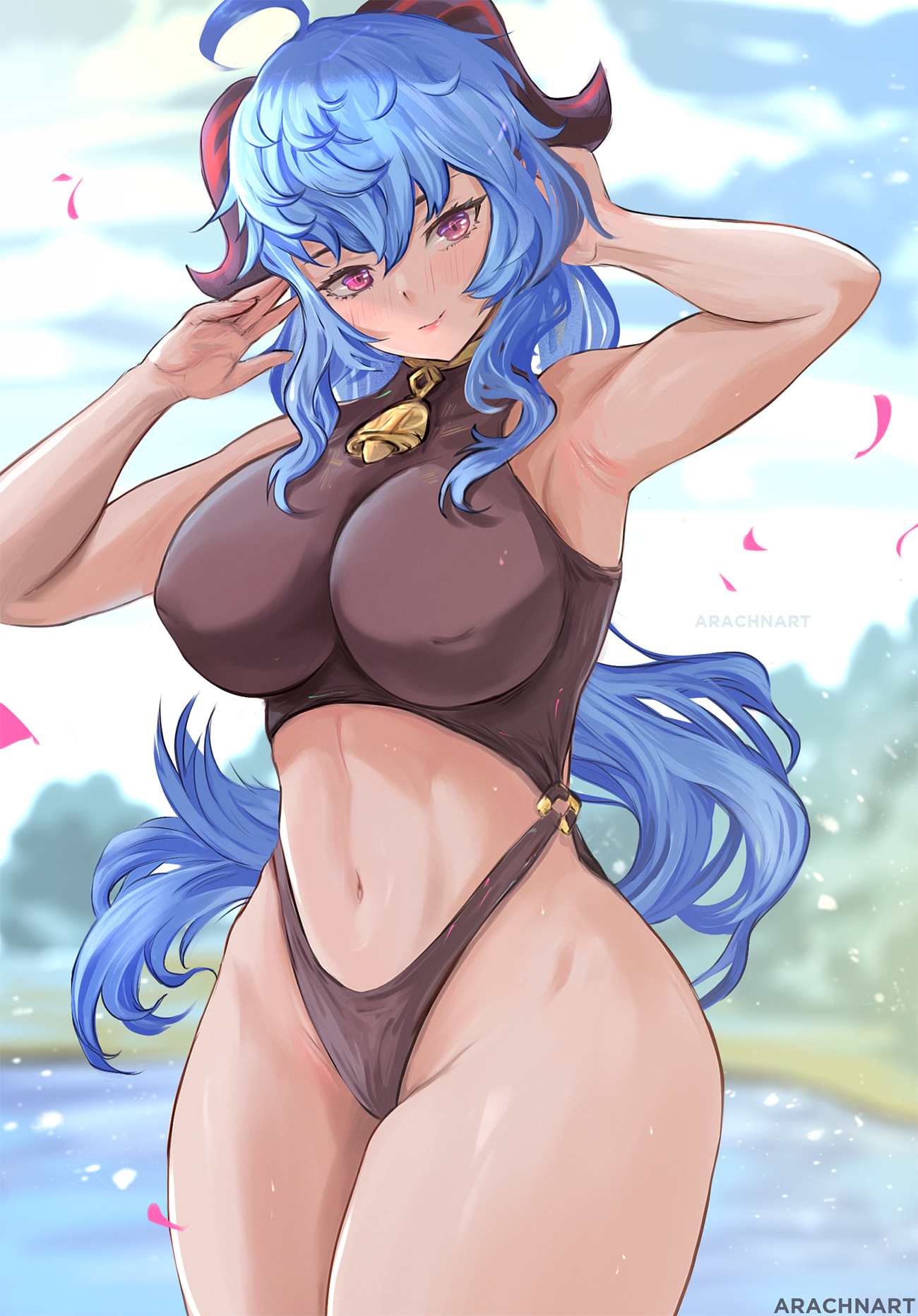 1girls, 2022, ahoge, arachnart, armpits, arms behind head, arms up, artist signature, blue hair, breasts, female, female only, ganyu (genshin impact), genshin impact, hi res, hips, horns, large breasts, long hair, looking at viewer, outdoors, purple eyes, slim waist, thick thighs, thighs, wide hips