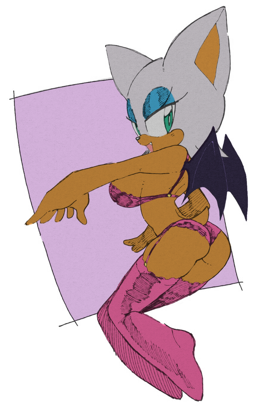 2020, 5 fingers, anthro, ass, bat, bat wings, biped, bra, breasts, chiropteran, clothing, digital media (artwork), edit, female, fingers, garter belt, garter straps, hatching (art), hi res, inkerton-kun, inkuusan, mammal, membrane (anatomy), membranous wings, open mouth, open smile, panties, plantigrade, rouge the bat, sega, shaded, side boob, simple background, smile, solo, sonic (series), sonic the hedgehog (series), underwear, wings