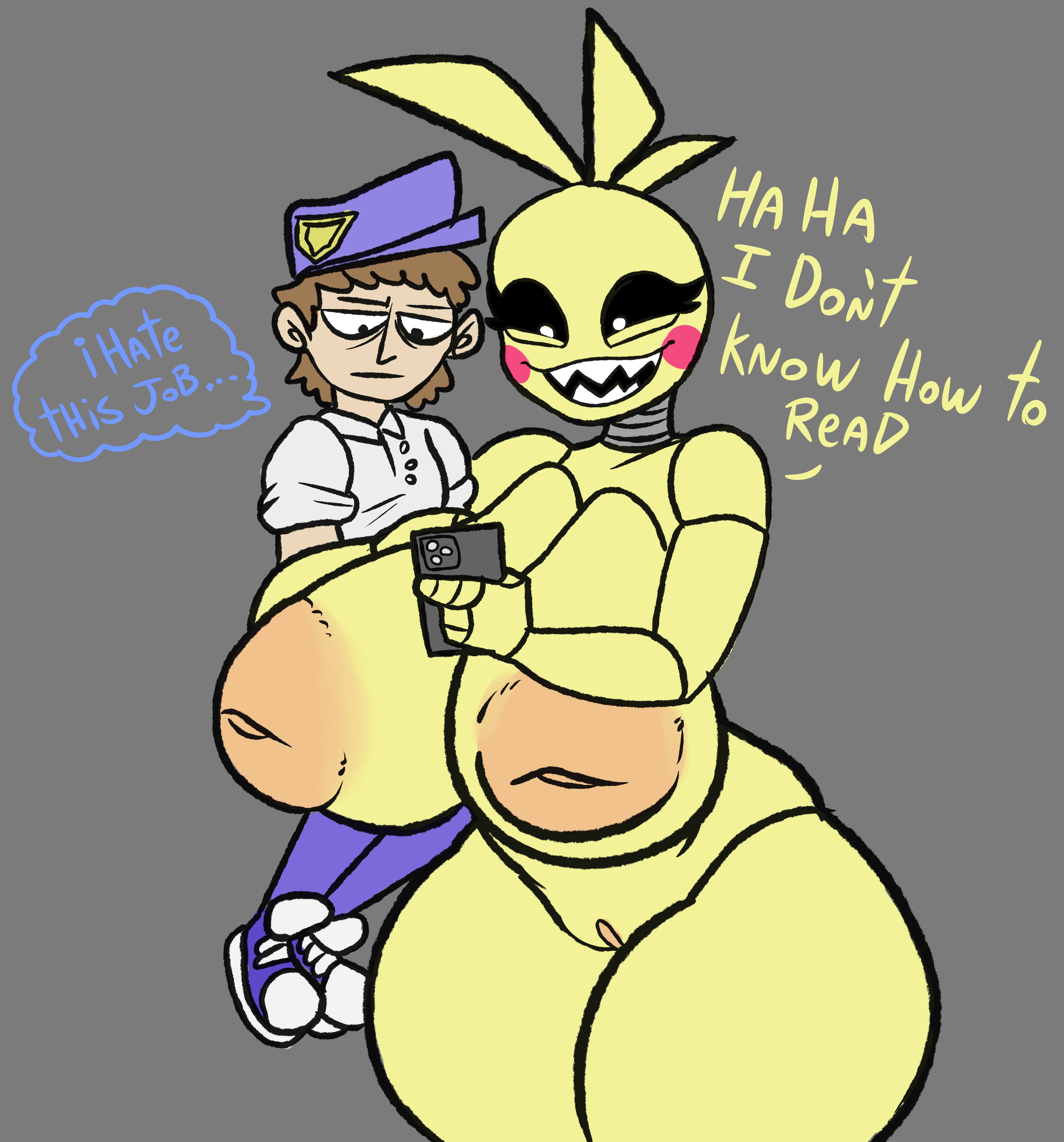 1boy, 1girls, angry face, animatronic, ass, big areola, big ass, big breasts, big butt, breasts, clothed male nude female, confused, cumlord, cumlord (artist), dialogue, enormous breasts, female, female focus, five nights at freddy's, five nights at freddy's 2, fnaf, happy female, holding, holding person, hugging, human, humor, inverted nipples, just coffee, large areolae, large ass, large breasts, male, male/female, monster girl, night guard (fnaf), nightmare waifu, nipples, nude, nude female, orange nipples, phone, pussy, robot, robot girl, security guard, talking, talking to another, tall, tall female, taller female, thick thighs, thighs, thinking, toy chica (fnaf)