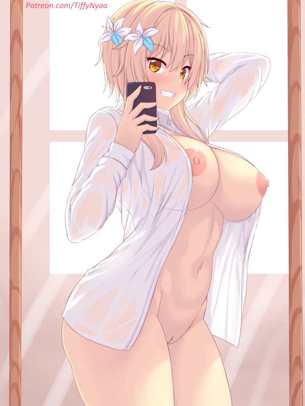 big breasts, blonde hair, breasts, female, genshin impact, hair ornament, huge breasts, large breasts, looking at viewer, lumine (genshin impact), mirror, mirror selfie, navel, nipples, no bra, no panties, phone, selfie, tagme, taking picture, tiffynyaa, unbuttoned, unbuttoned shirt, wet clothes, white panties