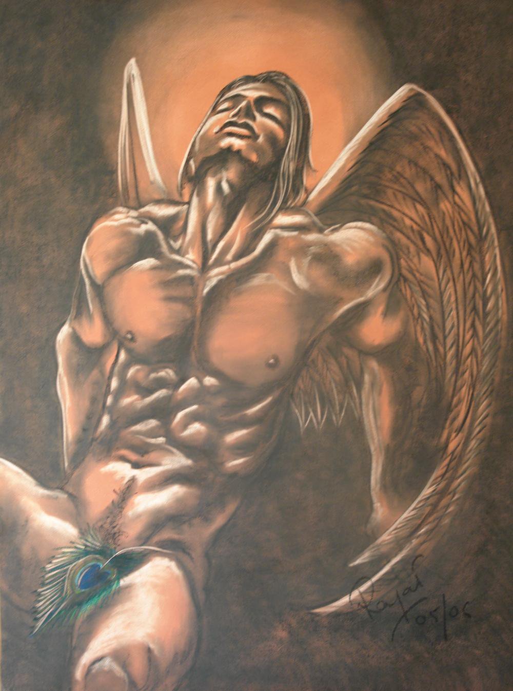 1boy abs angel angel_wings christianity covered_penis covering covering_crotch covering_penis crotch_covered crying cute_face defeated defeated_male devil fallen_angel gay legs legs_apart long_hair long_hair_male lucifer male male_only mythology naked naked_male nipples nude nude_male painting painting_(artwork) peacock peacock_feather peacock_feathers petals pleasure pleasure_face pleasured pov religion religious satan solo