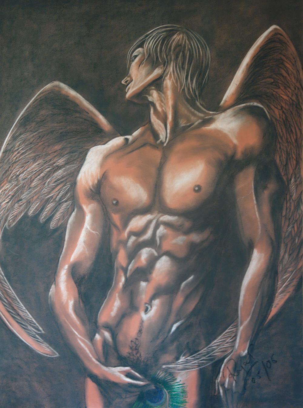 1boy abs angel angel_wings christianity covered_penis covering covering_crotch covering_penis crotch_covered crying defeated defeated_male devil fallen_angel gay legs legs_apart long_hair long_hair_male looking_back lucifer male male_only mythology naked naked_male nipples nude nude_male painting painting_(artwork) peacock peacock_feather peacock_feathers petals pov religion religious satan solo