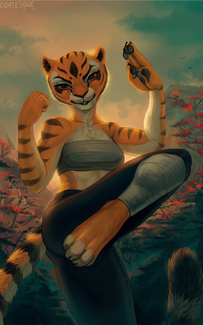 2022 anthro artist_name barefoot black_fur black_pawpads black_pupils black_stripes breasts chest_tuft dreamworks eyelashes feline feline_humanoid female female_only fur furry furry_female furry_only goatesque kung_fu_panda looking_at_viewer mammal mammal_humanoid master_tigress multicolored_body multicolored_fur no_humans orange_body orange_fur outside pawpads paws red_eyes red_iris sarashi small_breasts smile smiling_at_viewer solo solo_female striped_body tiger white_body white_fur yellow_sclera