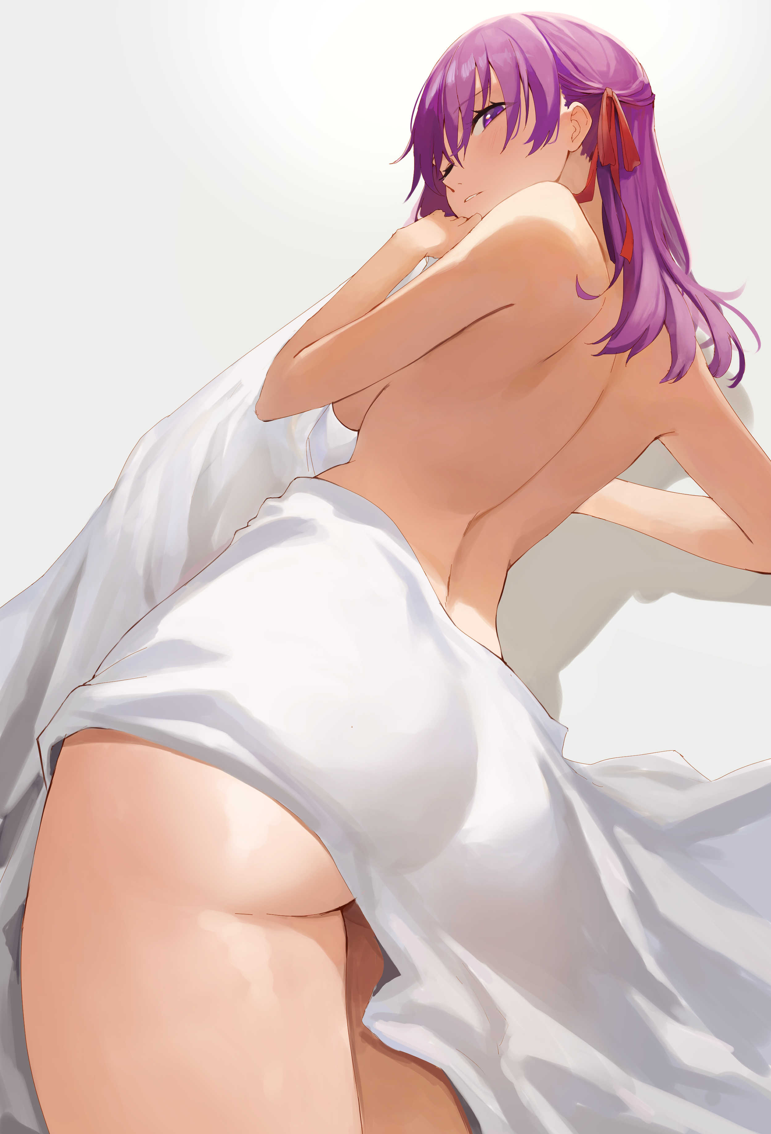 ass, ass focus, back, back view, bare back, big ass, big breasts, big butt, breasts, curvy, fat ass, fate (series), fate/stay night, female, highres, hourglass figure, huge ass, huge breasts, large ass, large breasts, looking at viewer, lying, lying on side, matou sakura, naked, no panties, rororo, seductive, seductive eyes, seductive pose, thick thighs, towel, voluptuous, wide hips