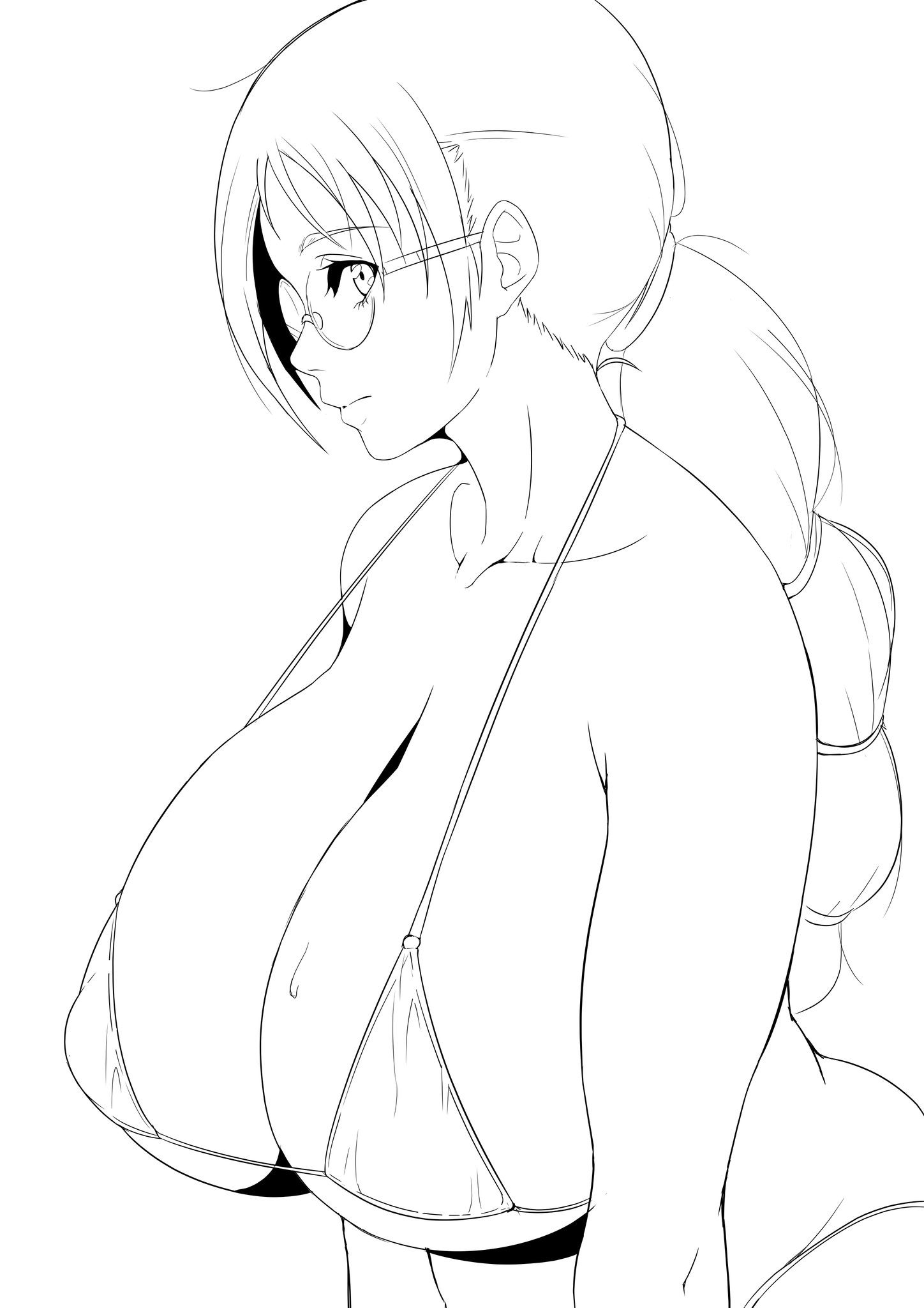 artist request, bare shoulders, big breasts, bikini, bleach, bleach: the thousand-year blood war, breasts, cleavage, color request, female, glasses, huge breasts, katori batsu'unsai, line art, lips, long hair, looking at viewer, looking to the side, monochrome, round eyewear, sagging breasts, solo, source request, swimsuit, top heavy, upper body, very long hair, voluptuous