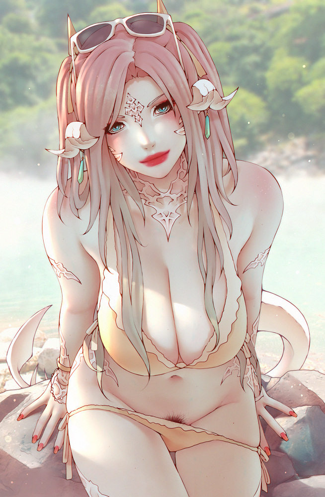 1girls, au ra, big breasts, bikini, bikini pull, blurry background, breasts, cleavage, earrings, eyewear on head, female, female only, female pubic hair, final fantasy, final fantasy xiv, green eyes, large breasts, long hair, looking at viewer, makeup, navel, pink hair, pubic hair, pubic hair peek, raen, red lipstick, red nails, sitting, smile, solo, soranamae, summer, sunglasses, sunglasses on head, tail