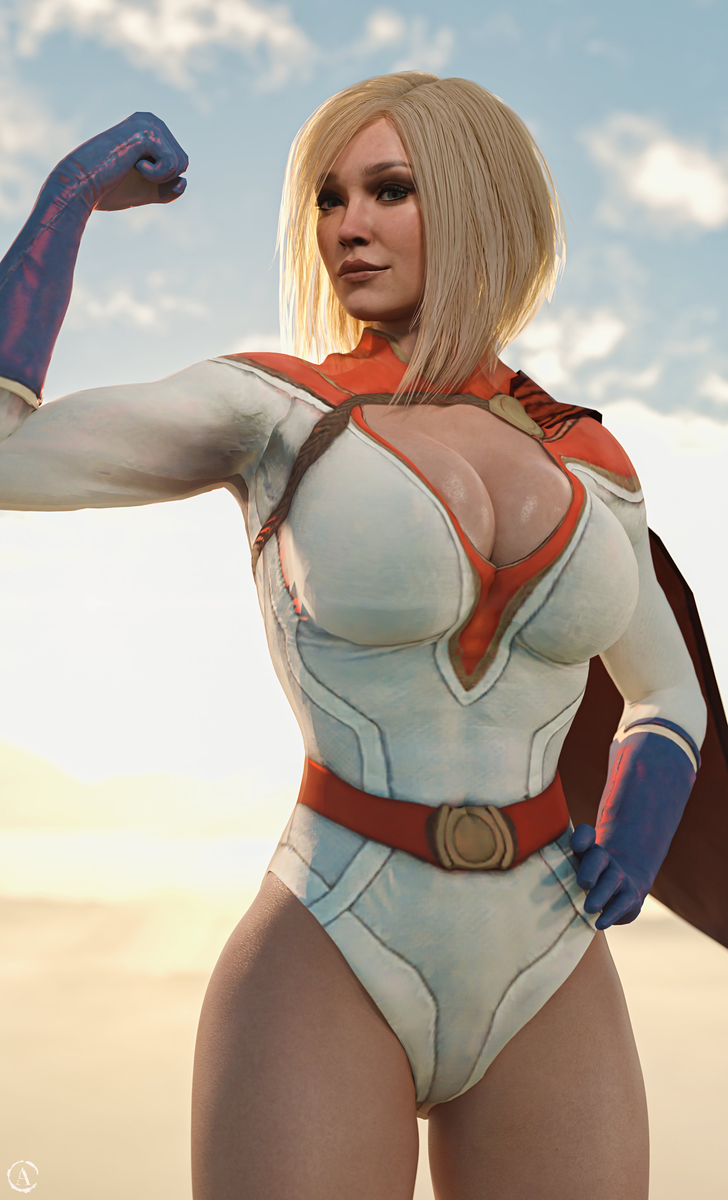 3d, alf3d, blender, boob window, breasts, dc, dc comics, female, injustice 2, kara zor-l, karen starr, leotard, looking pleasured, netherrealm studios, pleasure face, power girl, power girl (injustice), solo, superman (series), tagme