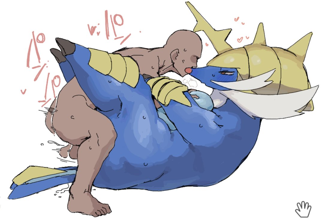 1boy, 1girls, 2023, ambiguous penetration, balls, big breasts, blue body, breast squish, breasts, brown eyes, busty feral, female, feral, generation 5 pokemon, grey fur, haramikarubi, heart, hearts around head, huge breasts, japanese text, male, pokémon (species), pokemon, pokemon (species), pokemon bw, samurott, simple background, steamy breath, zoophilia