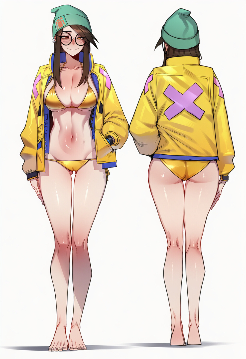 ai generated, back view, big breasts, bikini, breasts, brown hair, female, front view, glasses, killjoy (valorant), long legs, midriff, panties, smile, unknown artist, valorant, yellow clothing