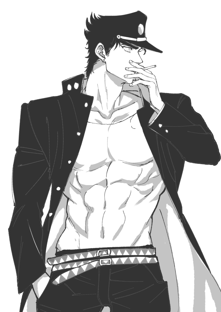 1boy black_hair cigarette gunbam hand_in_pocket jojo's_bizarre_adventure jotaro_kujo looking_away male male_only muscular_male pecs seductive_pose solo solo_male stardust_crusaders two_belts