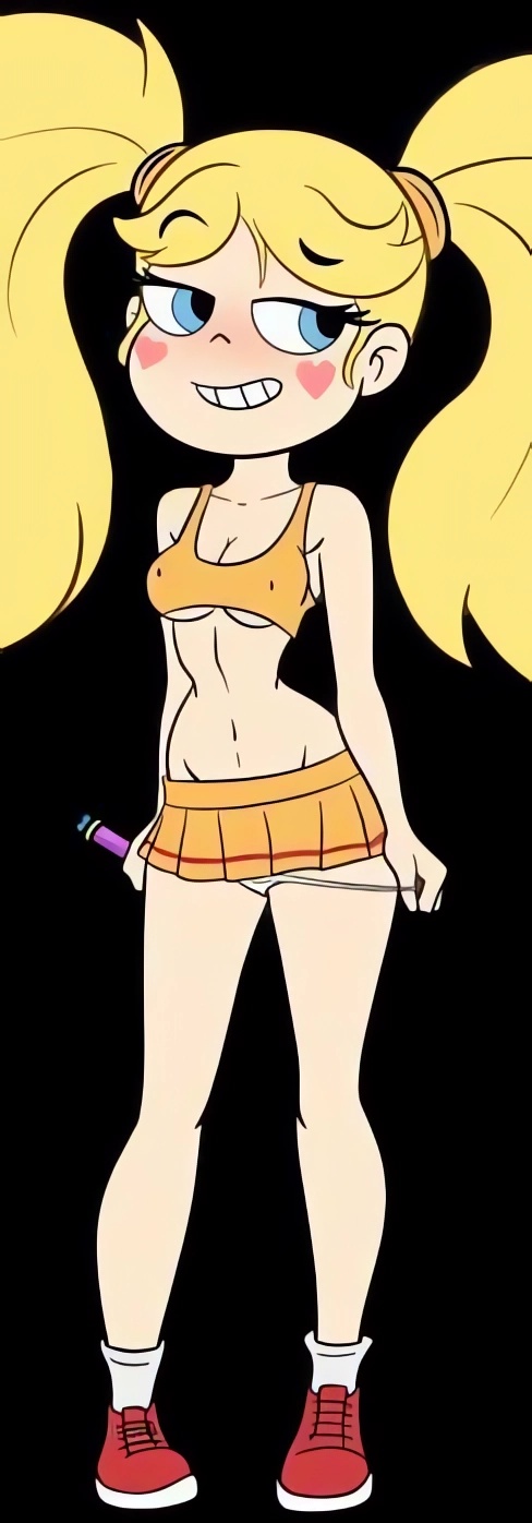 1girls, black background, blonde, blonde female, blonde hair, blue eyes, blush, cheerleader, cheerleader uniform, cleavage, croc (artist), disney, disney channel, disney xd, female, female focus, horny, horny female, miniskirt, panties, panties down, pulling down pants, school uniform, seducing, seduction, seductive, seductive eyes, seductive gaze, seductive look, seductive pose, seductive smile, semi nude, skirt, solo, star butterfly, star vs the forces of evil, twintails, white female, yellow hair