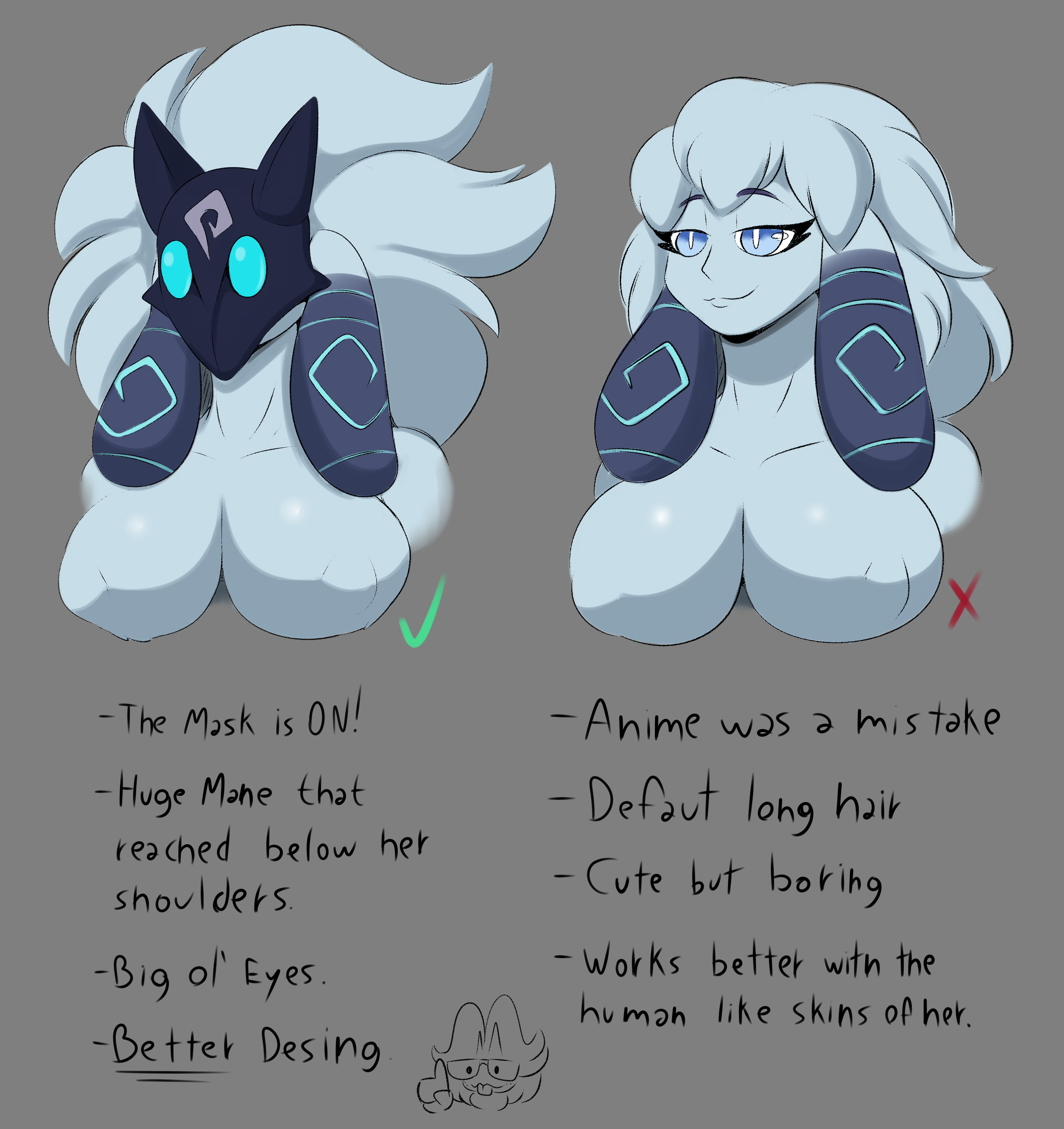 1girls, absurd res, big breasts, blue eyes, breasts, coffee demon, english text, female, grey background, hi res, kindred, lamb (league of legends), league of legends, mask, masked female, riot games, simple background, smile, tagme, text, white fur, white hair