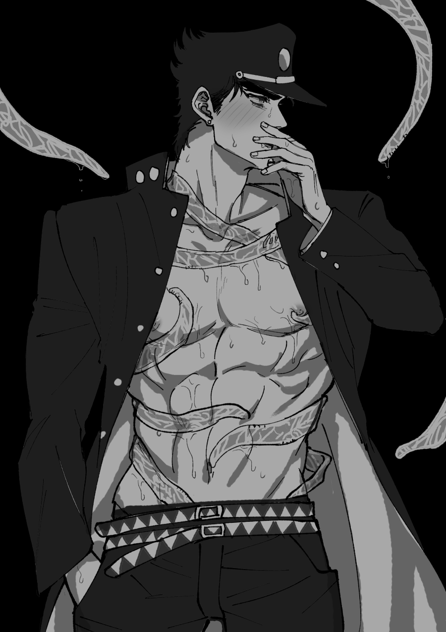 1boy alternate_version_available blush gunbam hierophant_green jojo's_bizarre_adventure jotaro_kujo looking_away male male_nipples male_only muscular_male pecs solo solo_male stand_(jjba) stardust_crusaders tentacle tentacle_on_male tentacles_on_male