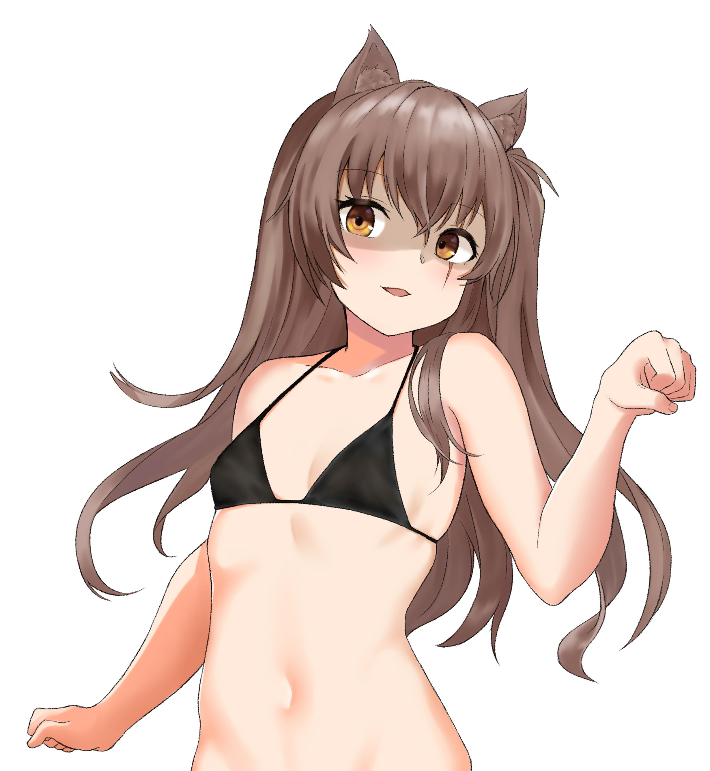 absurdres, animal ears, bangs, bikini, bikini top, bikini top only, black bikini, blush, breasts, brown hair, cat ears, cat girl, collarbone, commentary request, eyebrows visible through hair, female, female only, girls' frontline, hair ornament, hair over shoulder, hako reeema, head tilt, highres, kemonomimi mode, light skin, light-skinned female, long hair, navel, one side up, open mouth, parted lips, paw pose, scar, scar across eye, scar on face, shaded face, simple background, small breasts, smile, solo, solo female, stomach, string bikini, swimsuit, ump45 (girls' frontline), upper body, white background, yellow eyes