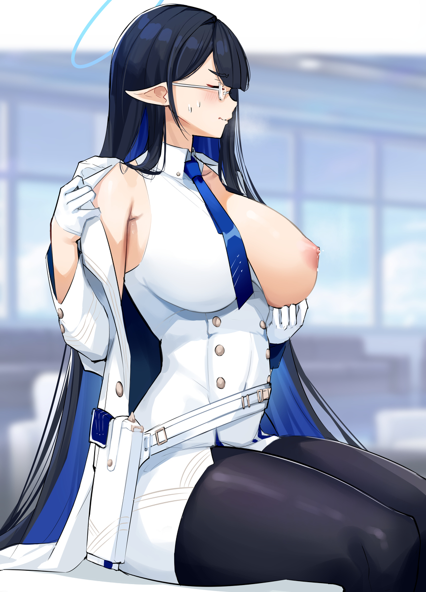 1girls 2021 big_breasts black_hair blue_archive breasts closed_eyes cromwellb embarrassed exposed_breasts female female_focus general_student_council_(blue_archive) glasses gloves halo hi_res high_resolution highres long_hair nipples pointy_ears rin_(blue_archive) solo solo_female solo_focus sweat sweatdrop white_gloves