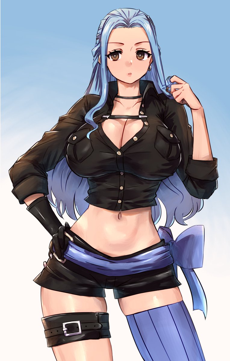 1girls arm_up big_breasts black_clothing blue_hair breasts_bigger_than_head brown_eyes cleavage clothed clothing color female female_focus female_only hi_res large_breasts light-skinned_female light_skin long_hair looking_at_viewer midriff nefertari_vivi one_piece quanero shounen_jump solo solo_female tagme thick_thighs