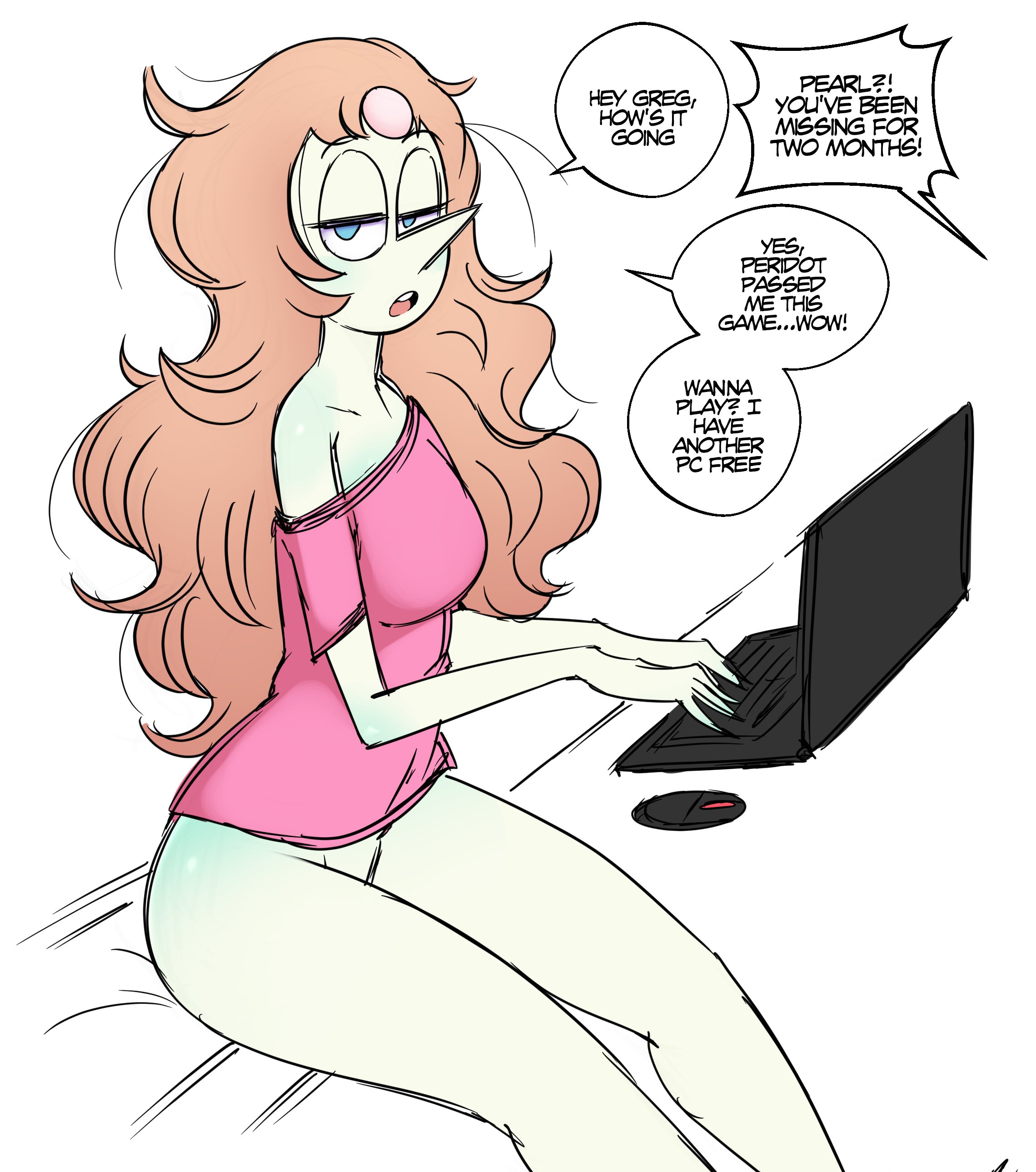 1girls, blue eyes, cartoon network, casual, clothing, computer, dialogue, electronics, english text, female, female only, gem (species), hi res, laptop, long hair, looking at viewer, messy hair, name drop, narrowed eyes, orange hair, pearl (steven universe), pointy nose, saltyxodium, sitting, sketch, solo, speech bubble, steven universe, talking to viewer, white background