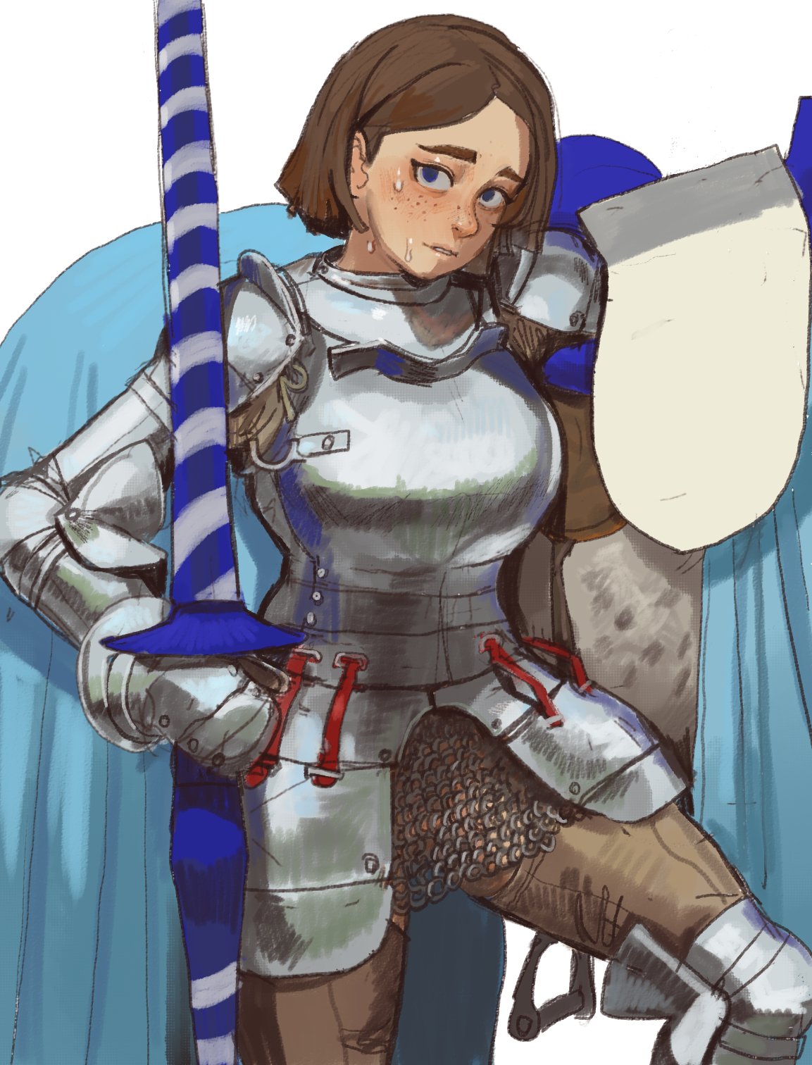 1girls armor blue_eyes blush bottomless brown_hair european_mythology exposed_pussy female female_only freckles history joan_of_arc knight looking_at_viewer mossa mossacannibalis mythology no_panties public_domain short_hair sweat white_background