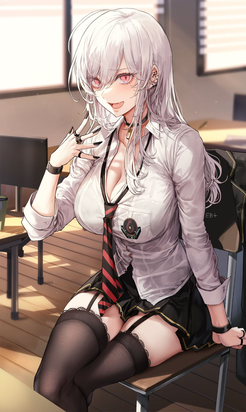 1girls black_nails black_skirt choker classroom garter_straps kim_eb looking_at_viewer loose_necktie necktie pale-skinned_female pale_skin pink_eyes ring rings school_uniform squished_thigh stockings trey_ollis_loffewa_(kim_eb) white_hair white_shirt zettai_ryouiki