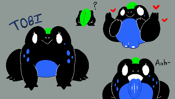 amphibian black_body black_skin character_name eyelashes feral feral_only frog genitals grey_background heart leaf leaf_hair looking_at_viewer model_sheet open_mouth original_character plant plant_hair pseudo_hair puffy_pussy pussy question_mark simple_background slem smile spread_legs spreading tobi_(slem) waddling_head white_eyes