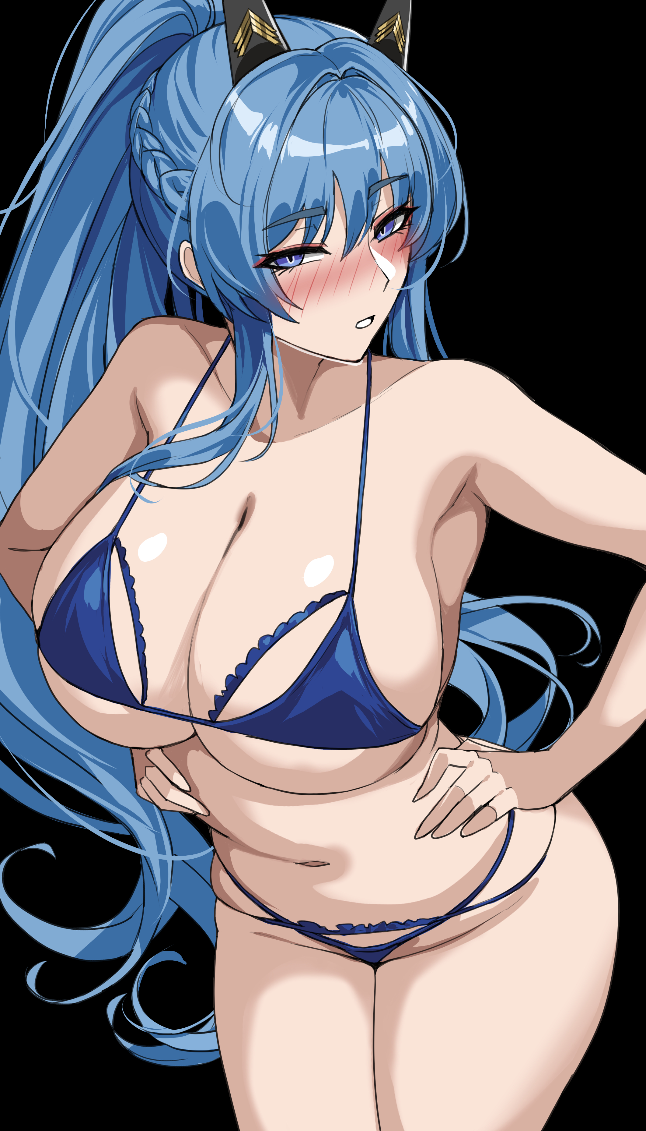 1girls, bikini, blue eyes, blue hair, breasts, drogod (artist), female, goddess of victory: nikke, helm (aquamarine) (nikke), helm (nikke), hi res, huge breasts, light skin, light-skinned female, long hair, naughty face, simple background, thick thighs, wide hips