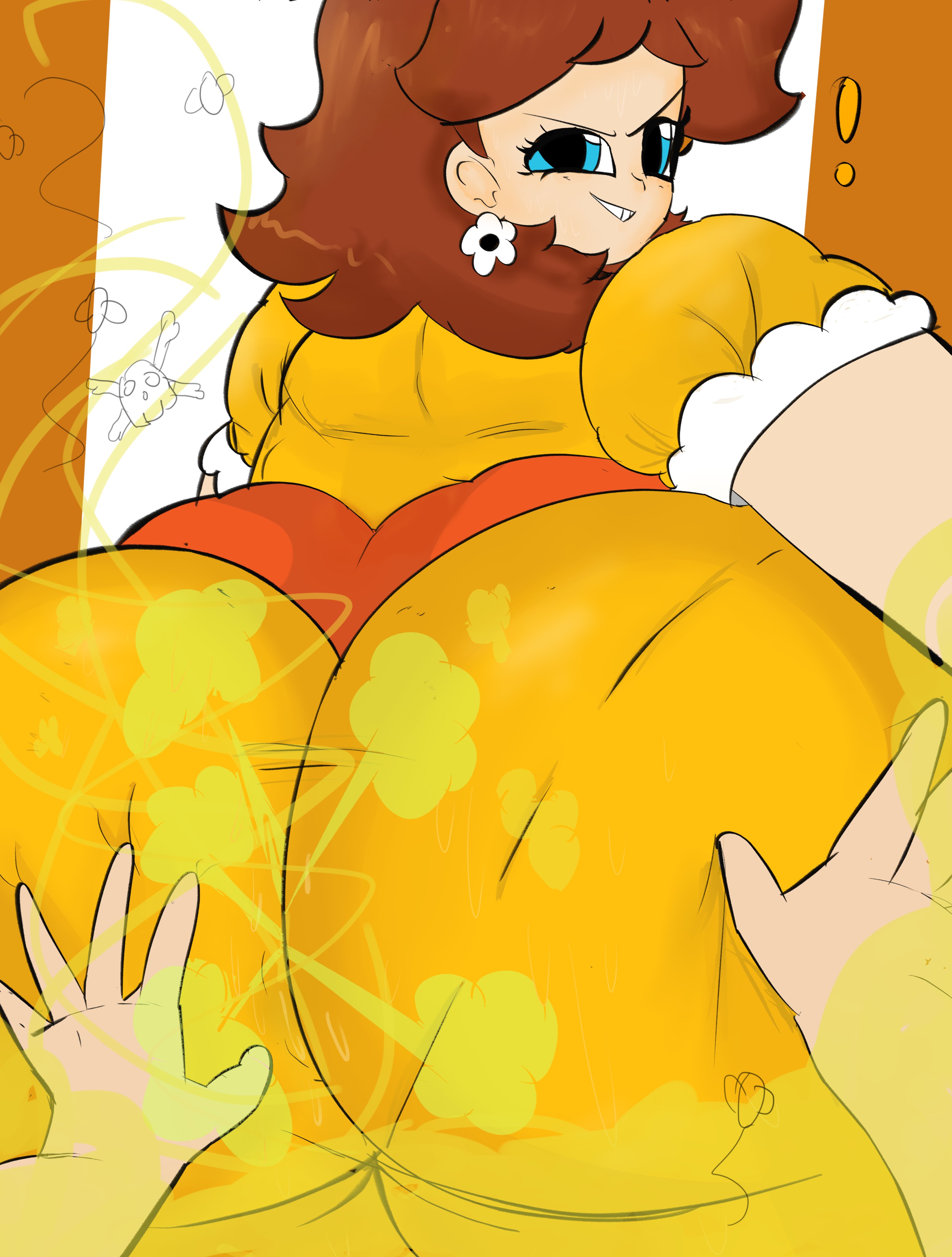 !, 1girls, 1other, ambiguous gender, ass, ass grab, big ass, big butt, blue eyes, brown hair, bubble ass, bubble butt, fart, fart cloud, fart fetish, farting, female, female focus, flies, flies for smell, full of gas, looking back, mario (series), melissaalli, nintendo, pov, princess daisy, seductive, smelly ass, smile, solo focus