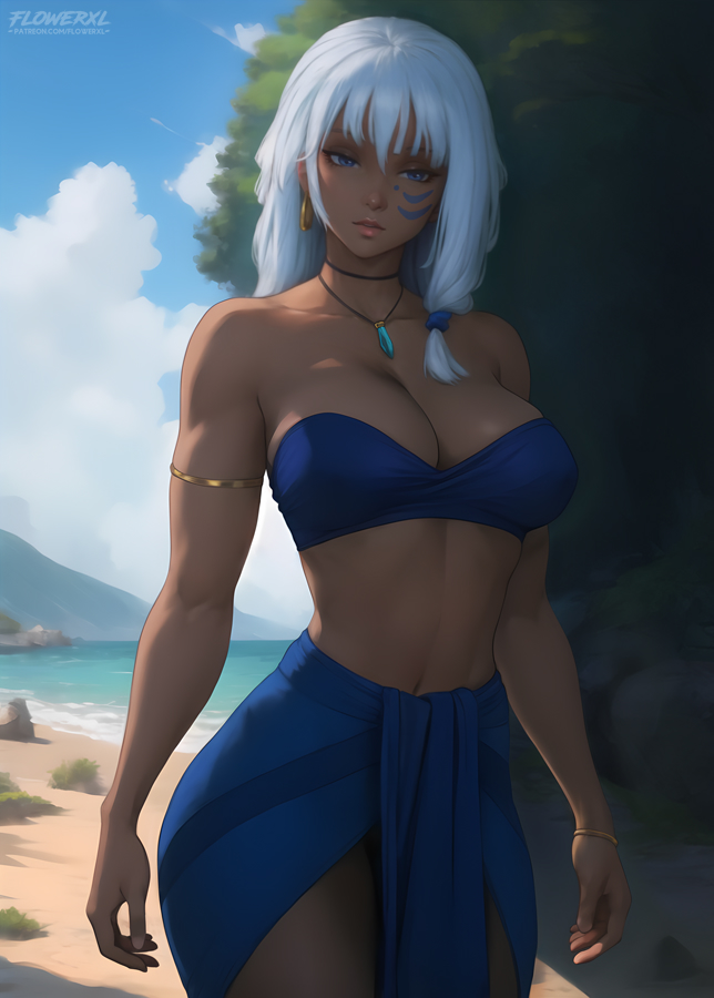 1girls ai_generated atlantis:_the_lost_empire bare_arms bare_legs bare_thighs beach big_breasts blue_eyes clothed clothing color disney female female_focus female_only flowerxl hi_res jewelry kida large_breasts long_hair looking_at_viewer sand sea solo solo_female tagme tattoos thick_thighs white_hair