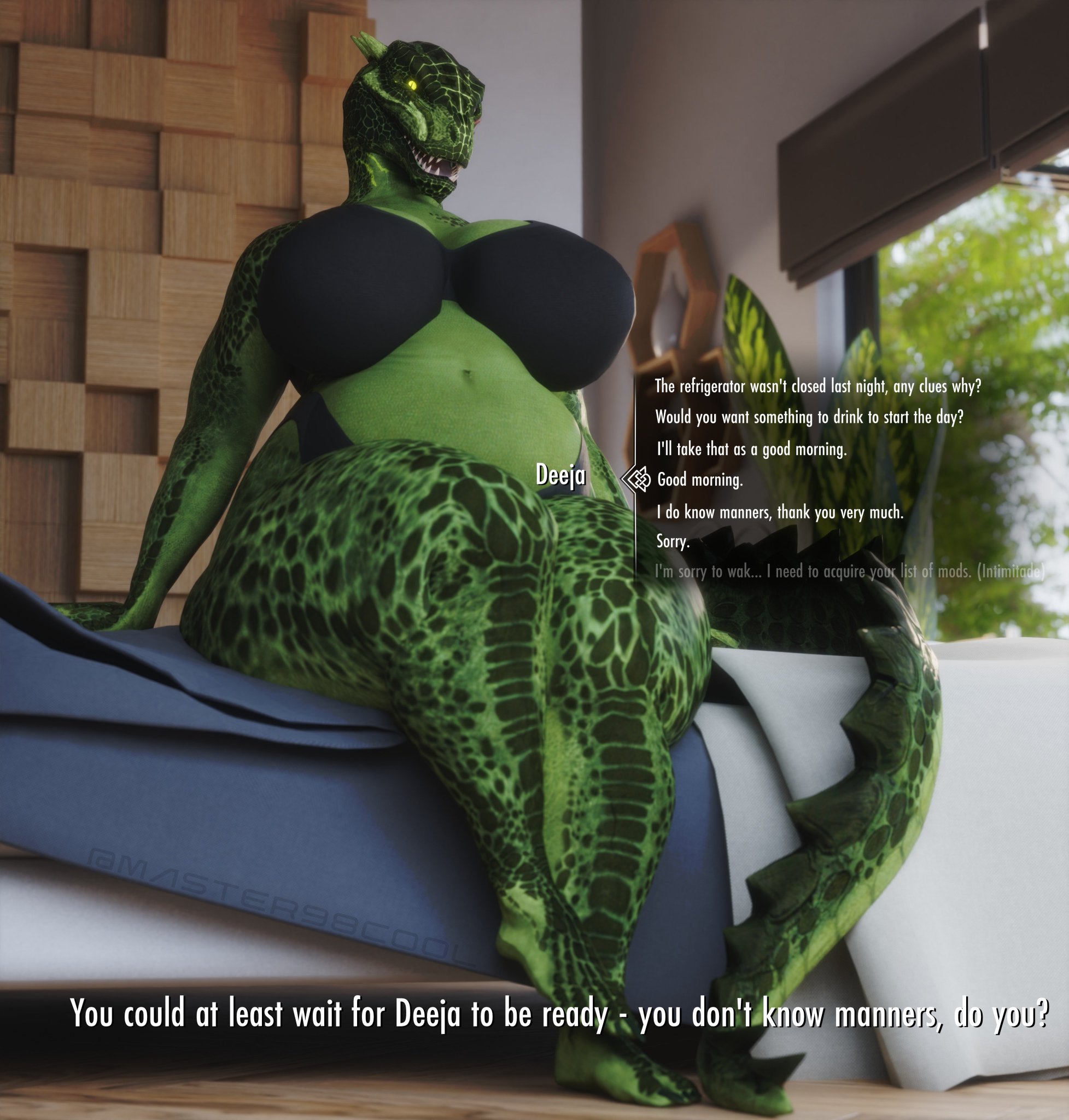 3d, argonian, belly, belly button, bethesda softworks, big breasts, black bra, black panties, black underwear, breasts, coolmaster98, deeja, dialogue, female, horns, looking at viewer, obese, obese female, scalie, scalie female, scalie only, sitting on bed, skyrim, tail, text, text box, the elder scrolls, thick thighs, underwear, window, yellow eyes