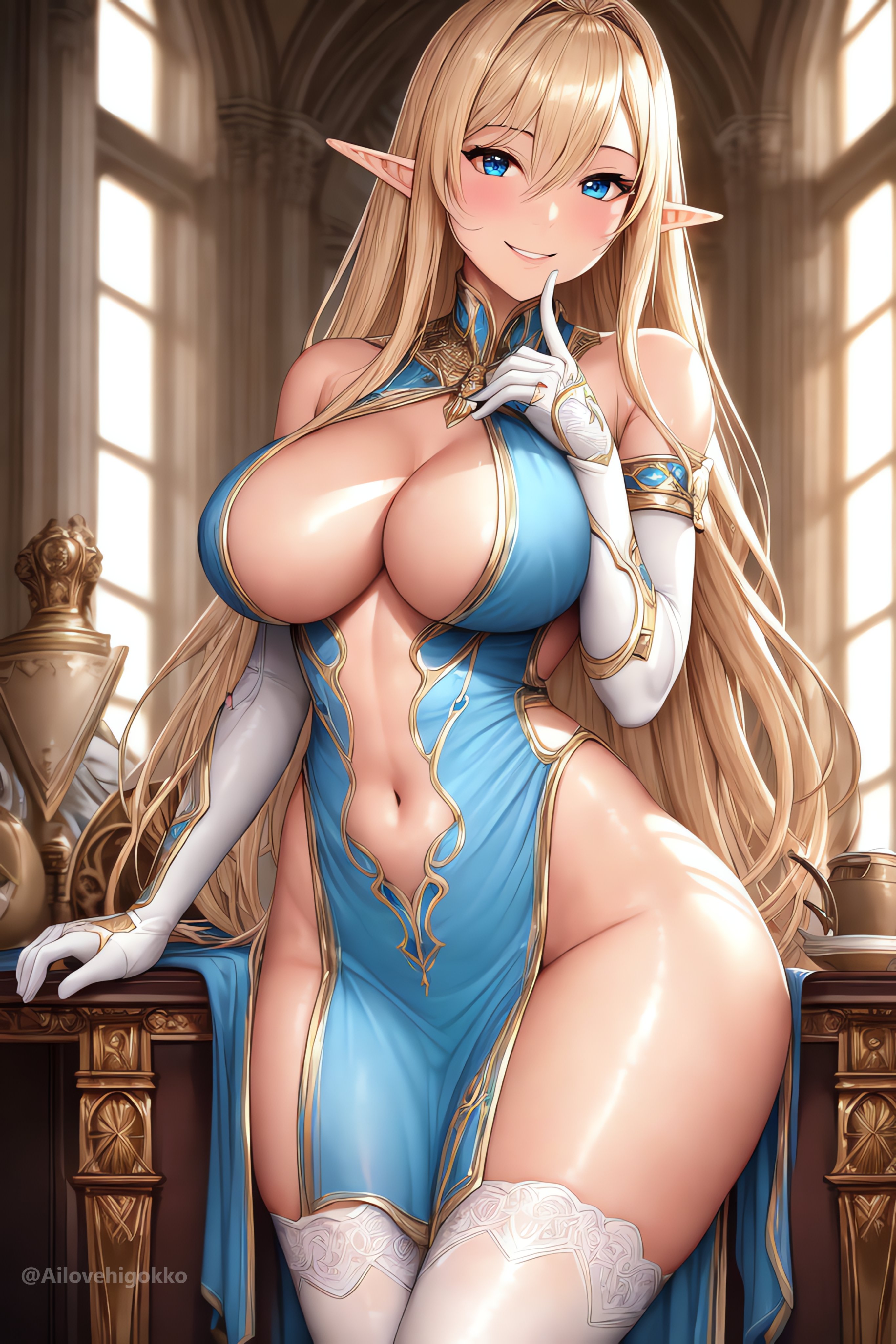 1girls, ai generated, ai love higokko, blonde hair, blue eyes, breasts, elf, elf ears, elf female, female, hips, holaraai, huge breasts, indoors, long ears, long hair, looking at viewer, original, original character, pointy ears, slim waist, smile, stable diffusion, thick thighs, thighs, wide hips