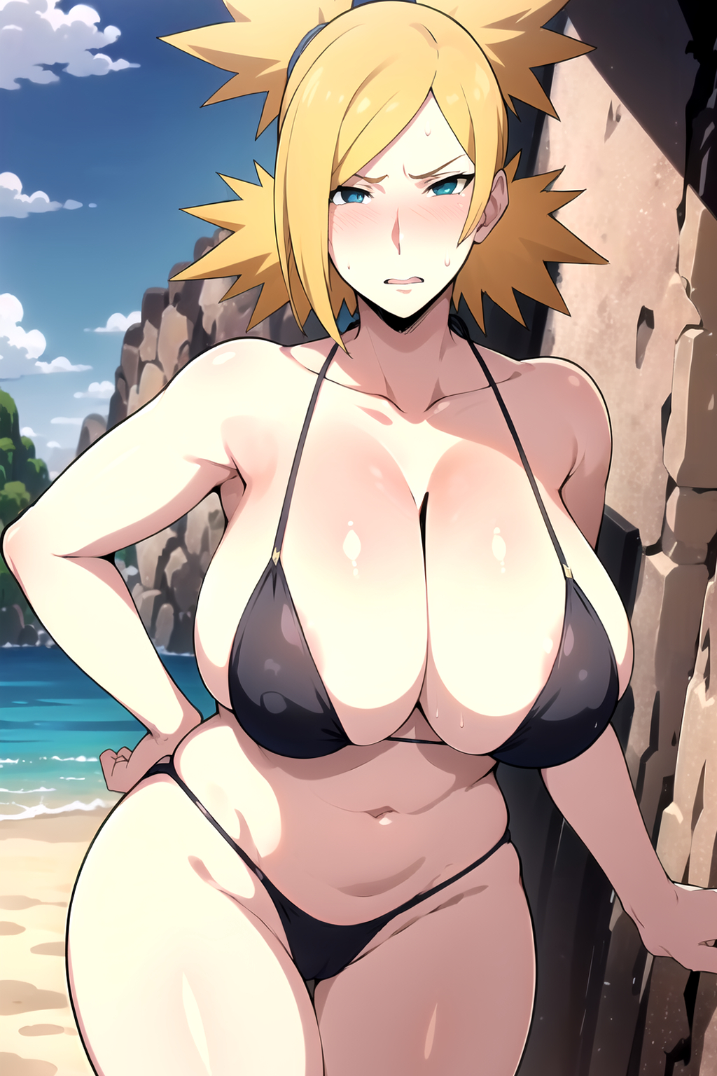1girls, ai generated, alternate breast size, beach, big breasts, bikini, bikini bottom, bikini top, black bikini, blush, boruto: naruto next generations, breasts, breasts bigger than head, child bearing hips, cleavage, embarrassed, erect nipples, erect nipples under clothes, facing viewer, female, female focus, female only, front view, g-string, gong doe, hourglass figure, huge breasts, large breasts, looking at viewer, mature, mature female, micro bikini, midriff, milf, nai diffusion, naruto, naruto (series), nipples, oppai, outdoors, pinup, ponytail, quad tails, revealing swimsuit, sagging breasts, seaside, skimpy, skimpy bikini, stable diffusion, sweat, sweatdrop, teal eyes, temari, tied hair, top heavy, top heavy breasts, twintails, voluptuous, voluptuous female, wide hips