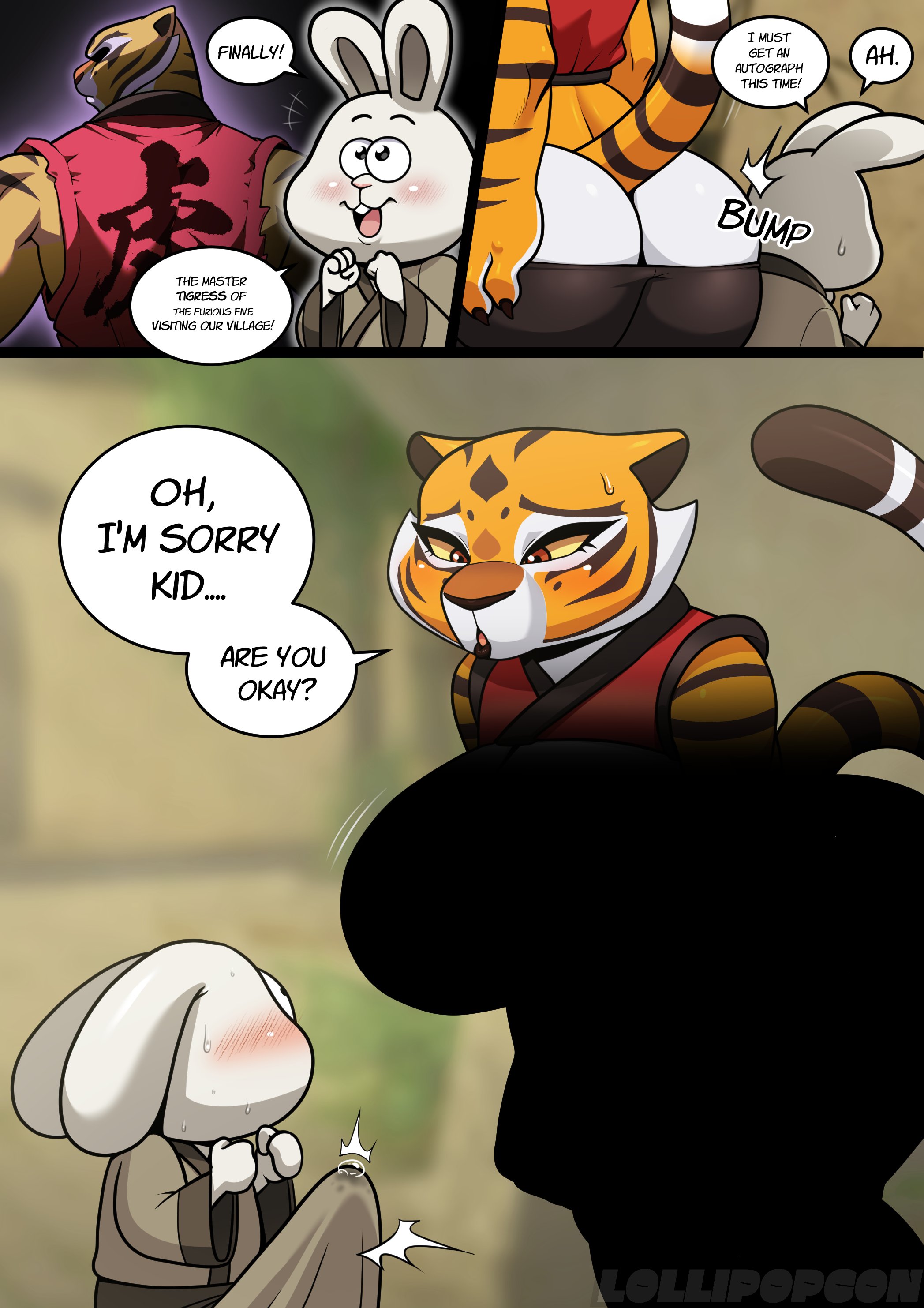 anthro, ass, ass cleavage, ass crack, big ass, big penis, bulge, bulge through clothing, butt crack, cock bulge, duo, erection, erection under clothes, female, has uncensored version, huge cock, kung fu panda, lollipopcon, male, master tigress, penis, penis bulge, precum through clothing, rabbit, tiger, young