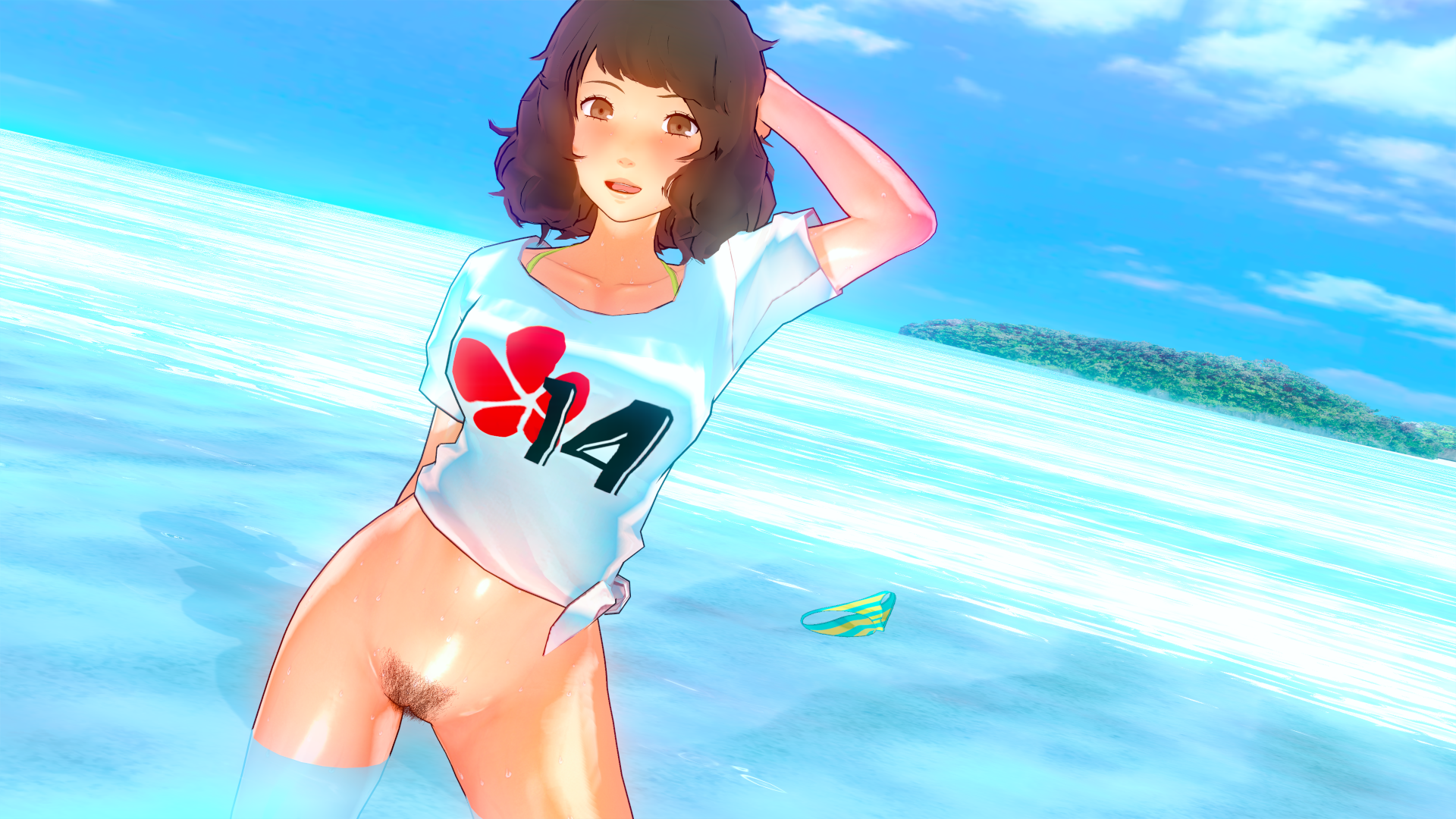 1girls, 3d, 3d (artwork), arms behind head, ass, bangs, bare legs, beach, bikini, blush, bottomless, bottomless female, breasts, bubble ass, bubble butt, busty, casual, curvy, effineffer, exhibitionism, exposed, female, female focus, female only, flashing, flashing pussy, large ass, legs, looking at viewer, looking pleasured, medium breasts, outdoor nudity, outdoors, outside, pale skin, panties removed, persona, persona 5, posing, pubic hair, public, public exposure, public indecency, public nudity, pussy, sadayo kawakami, seductive, seductive smile, swimsuit, swimwear, unaware